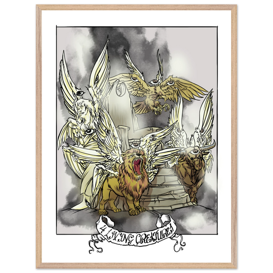 Inspiring modern Christian graphic art Team Lamb: The Four Living Creatures by Seth Haak, Revelation Series Fine Art Paper in Wood Frame Print 18×24" (45×60 cm) Natural Wood Frame