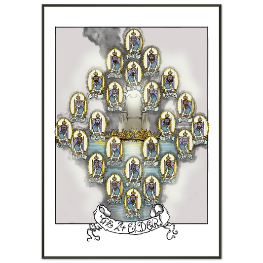 Inspiring modern Christian graphic art Team Lamb: The 24 Elders by Seth Haak, Revelation Series Semi-Glossy Paper in Metal Frame Print 28×40" (70×100 cm) Black Frame