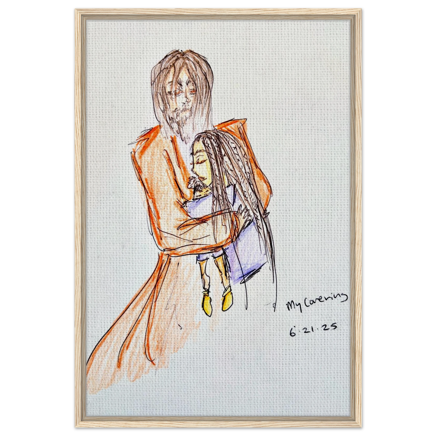 My Covering by Katie Jackson-Jesus Holding Child Drawing-Christian Comfort Art-Canvas in Wood Frame Print, 24×36" (60×90 cm), Natural Wood Frame