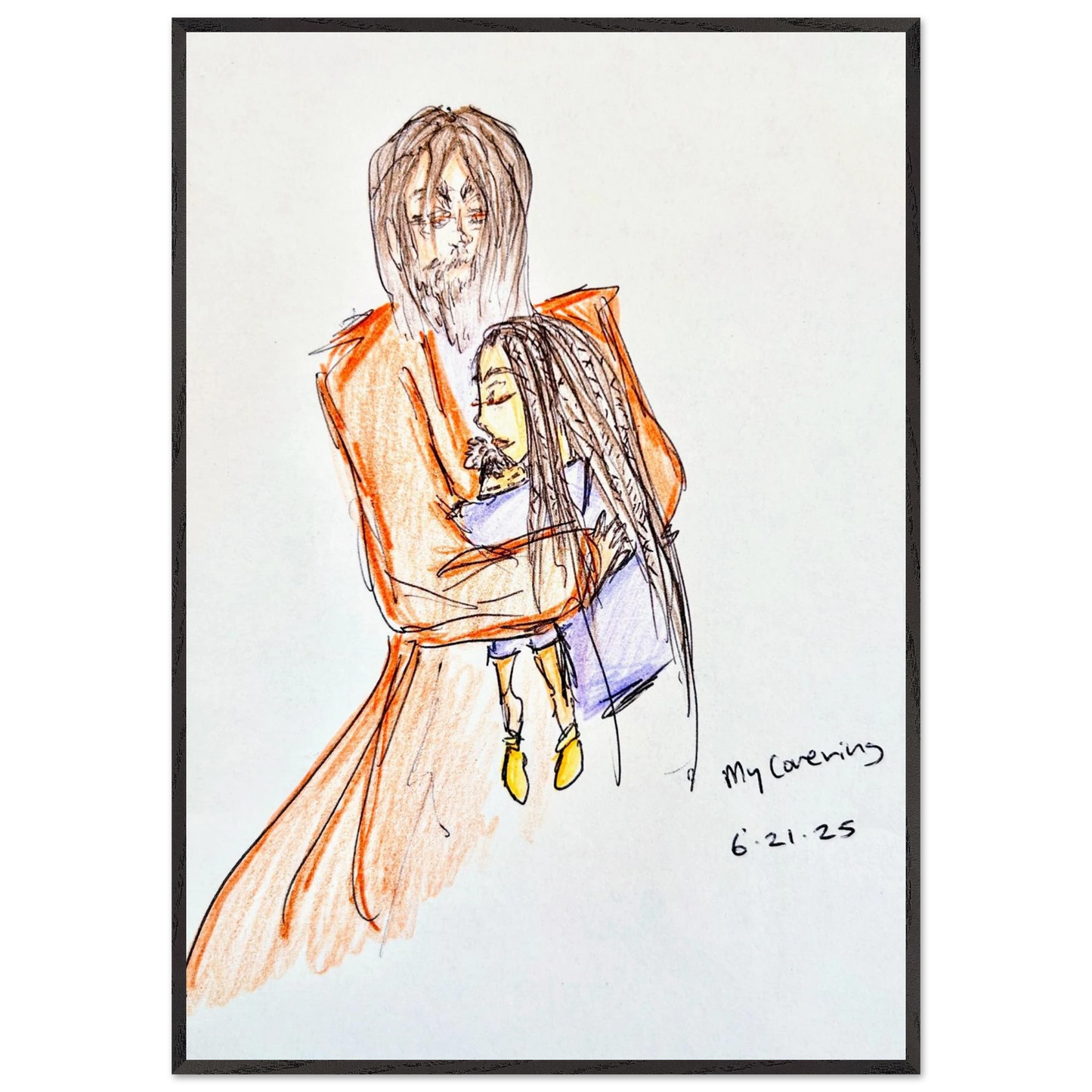 My Covering by Katie Jackson-Jesus Holding Child Drawing-Christian Comfort Art-Fine Art Paper in Wood Frame Print, 28×40" (70×100 cm), Black Frame