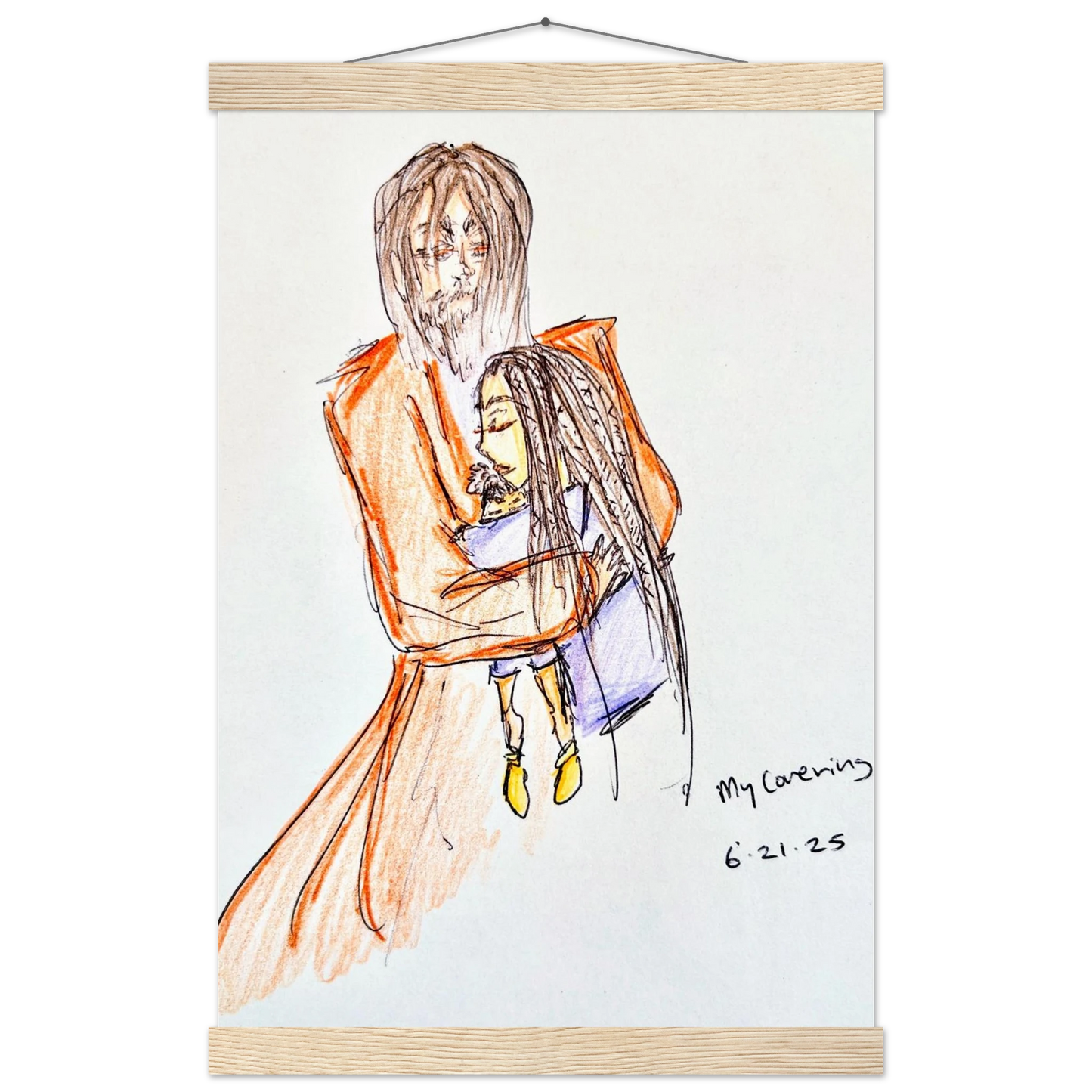 My Covering by Katie Jackson-Jesus Holding Child Drawing-Christian Comfort Art-Matte Paper with Wood Hanging Rail Print, 12×18" (30×45 cm), Natural Wood Rail
