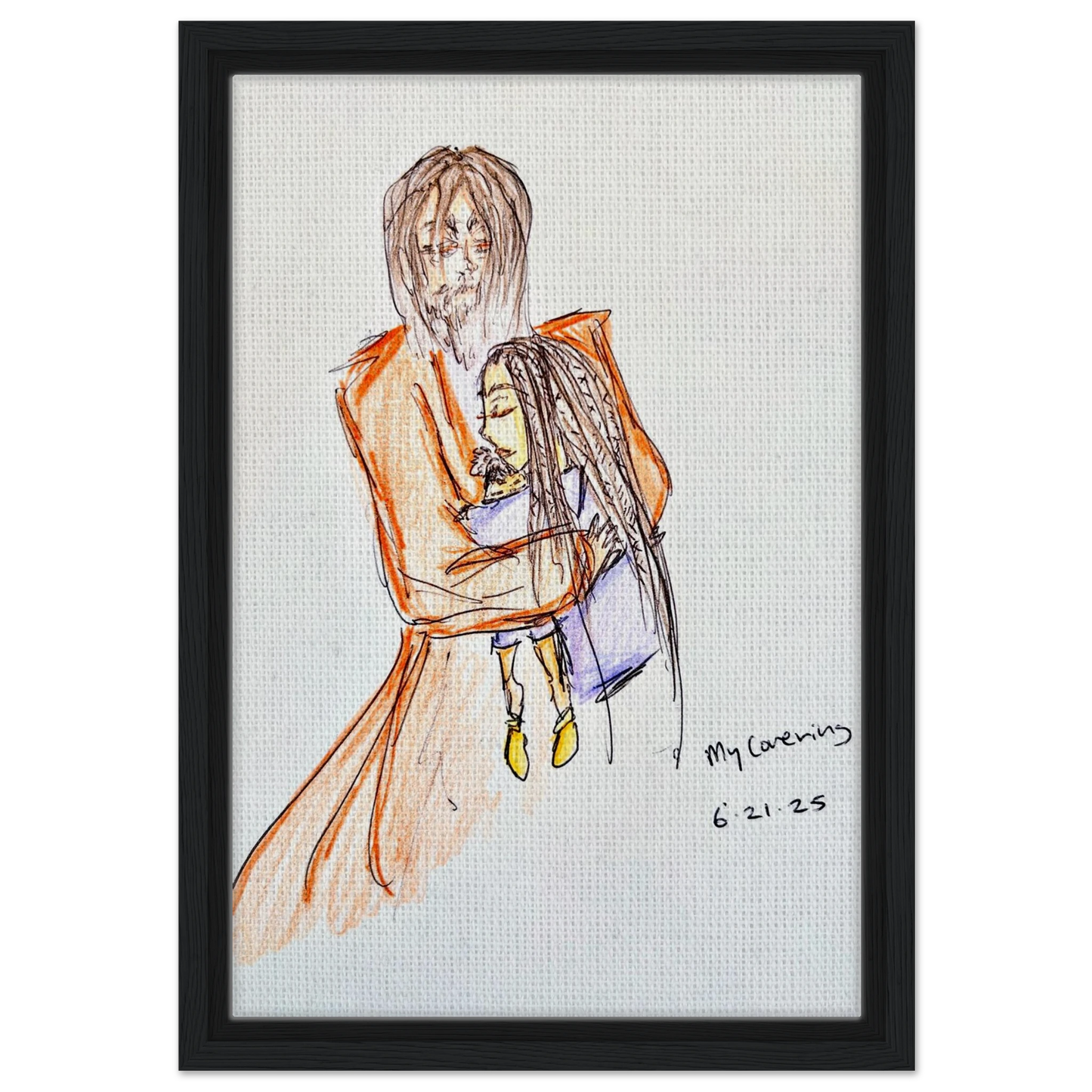 My Covering by Katie Jackson-Jesus Holding Child Drawing-Christian Comfort Art-Canvas in Wood Frame Print, 12×18" (30×45 cm), Black Frame