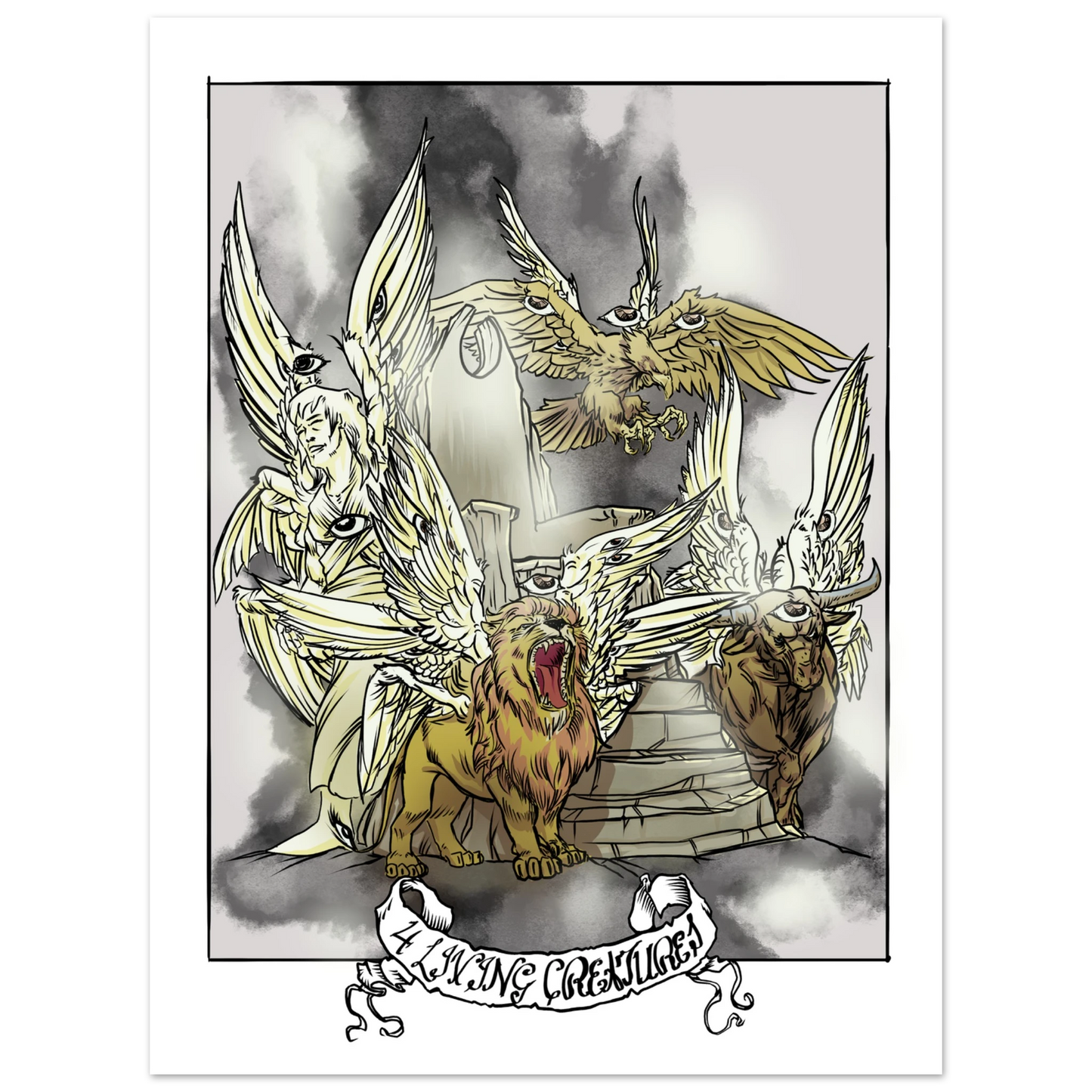 Inspiring modern Christian graphic art Team Lamb: The Four Living Creatures by Seth Haak, Revelation Series Foam Board Print 12×16" (30×40 cm) White Foam Border