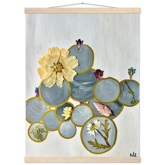 The New Garden by Katie Jackson-Fairy Garden Collage with Pressed Flowers-Matte Paper with Wood Hanging Rail Print, 18×24" (45×60 cm), Natural Wood Rail