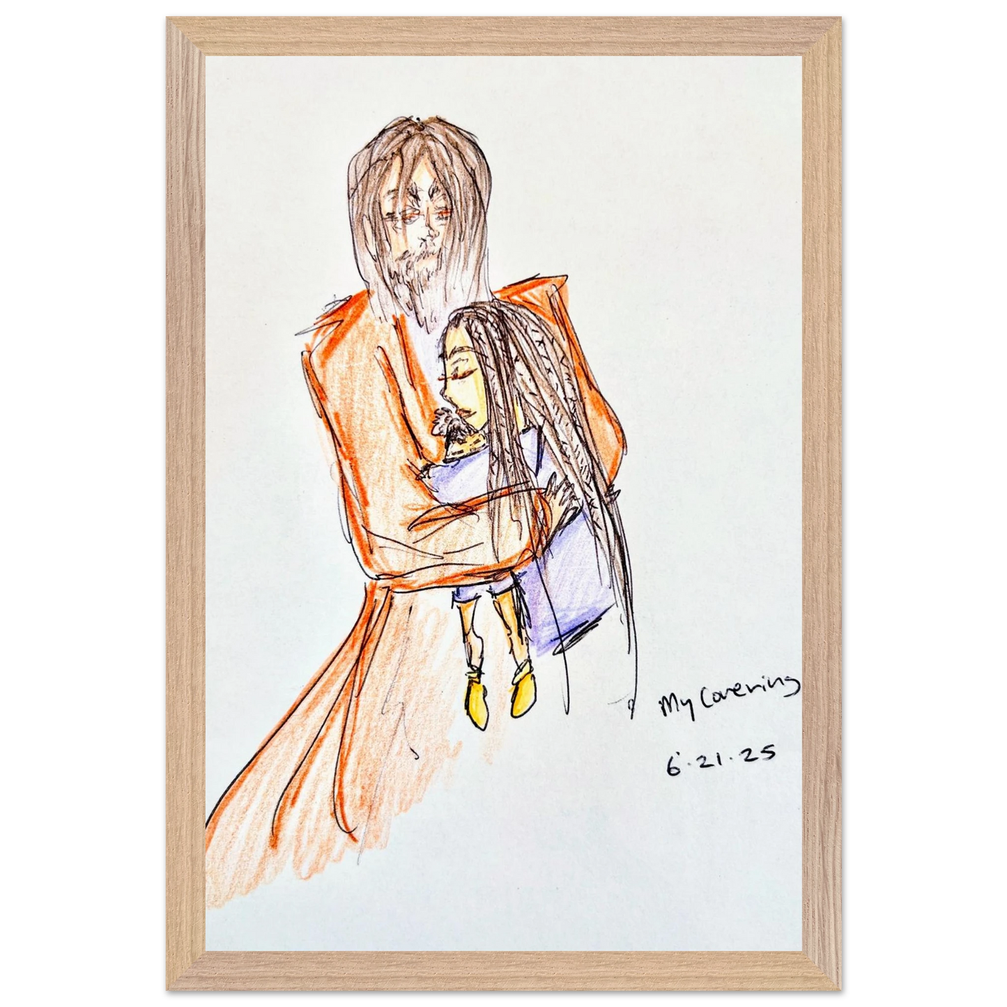 My Covering by Katie Jackson-Jesus Holding Child Drawing-Christian Comfort Art-Semi-Glossy Paper in Wood Frame Print, 12×18" (30×45 cm), Natural Wood Frame