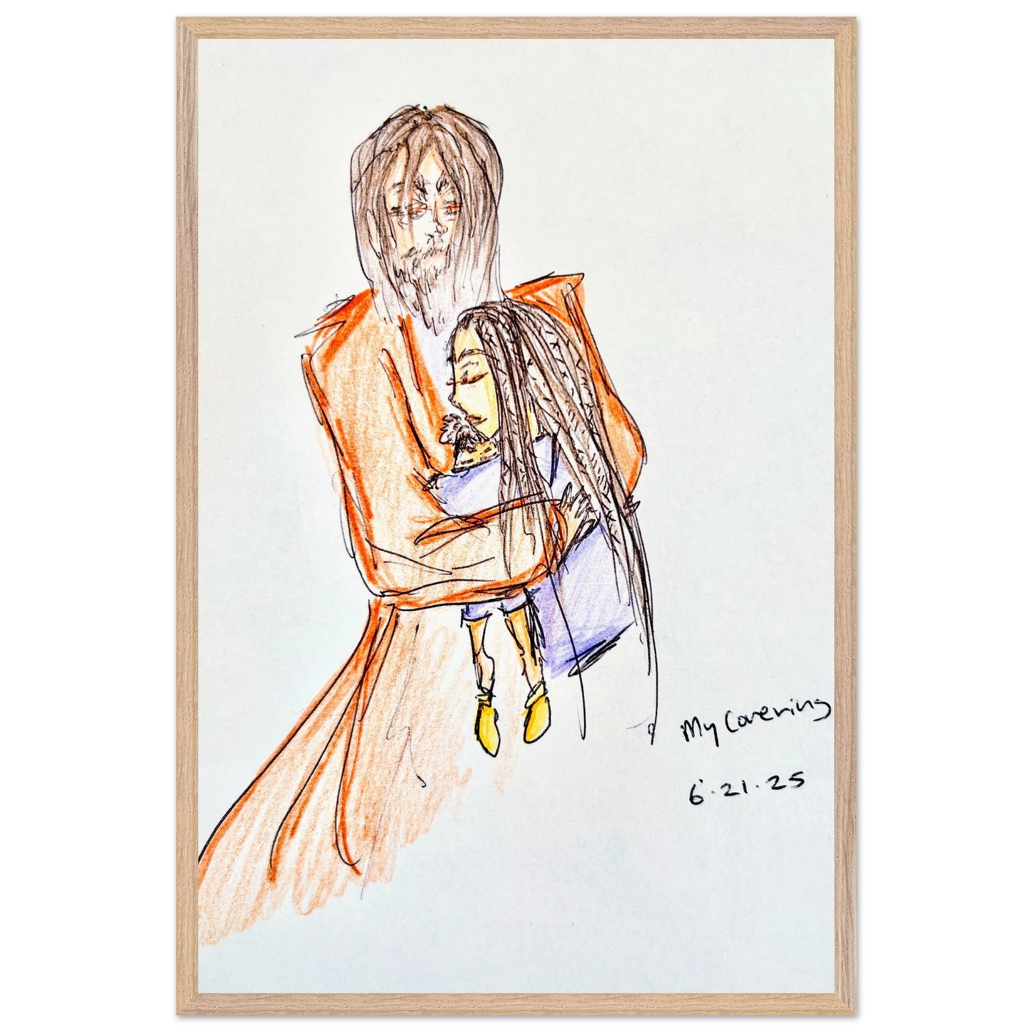 My Covering by Katie Jackson-Jesus Holding Child Drawing-Christian Comfort Art-Fine Art Paper in Wood Frame Print, 16×24" (40×60 cm), Natural Wood Frame