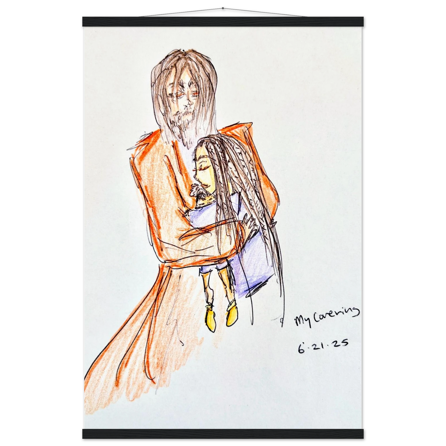 My Covering by Katie Jackson-Jesus Holding Child Drawing-Christian Comfort Art-Matte Paper with Wood Hanging Rail Print, 24×36" (60×90 cm), Black Rail