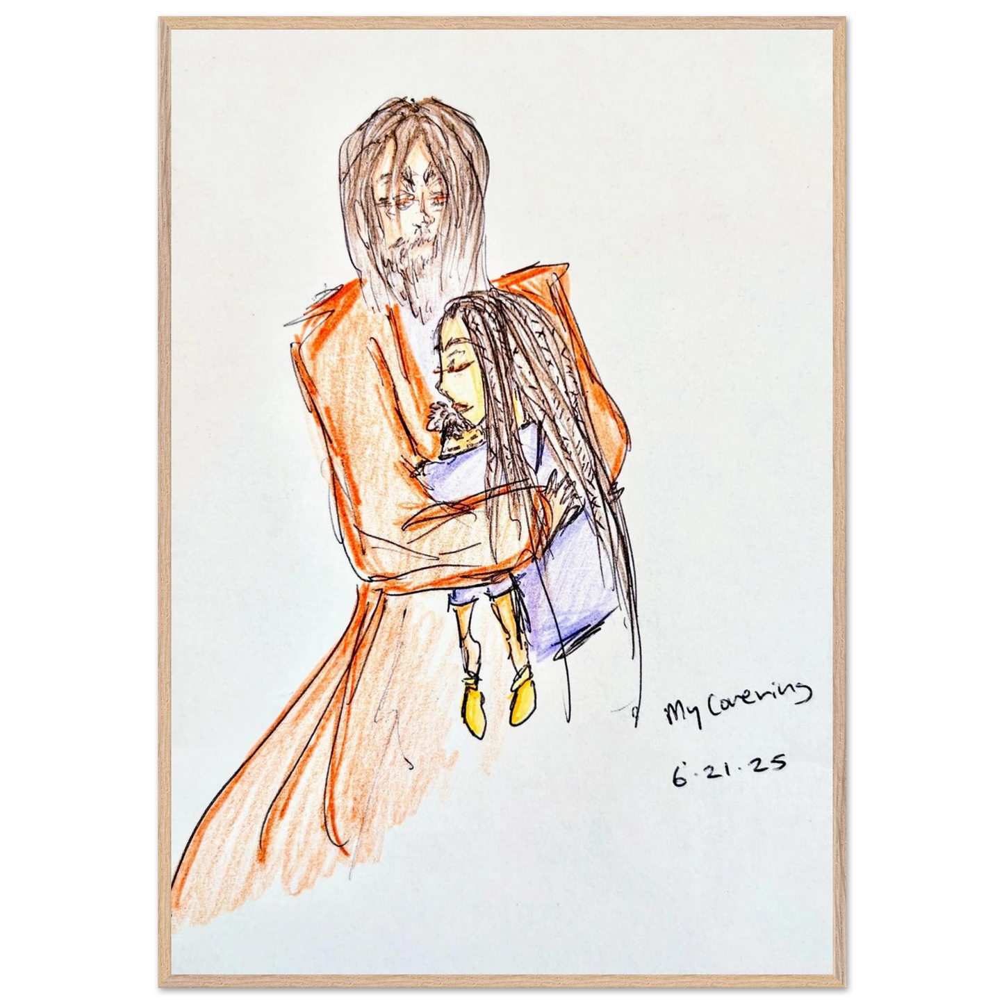 My Covering by Katie Jackson-Jesus Holding Child Drawing-Christian Comfort Art-Fine Art Paper in Wood Frame Print, 28×40" (70×100 cm), Natural Wood Frame