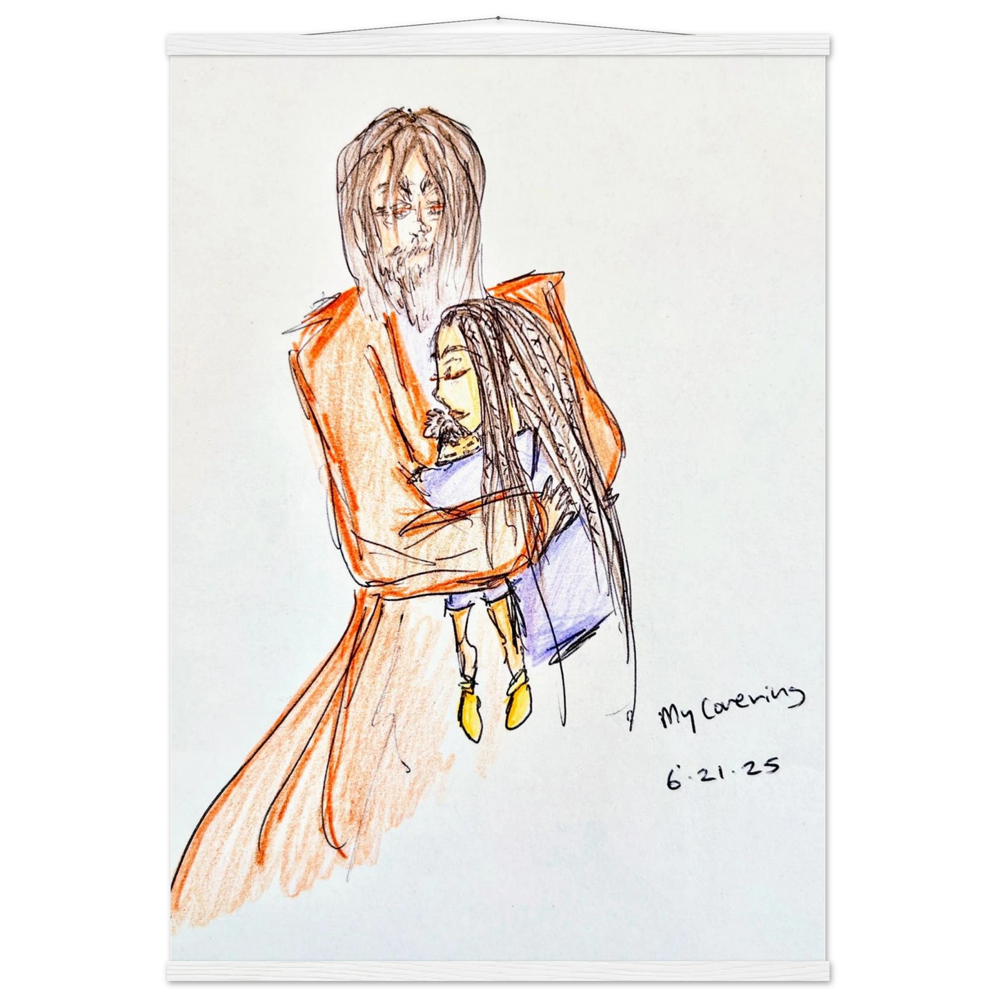 My Covering by Katie Jackson-Jesus Holding Child Drawing-Christian Comfort Art-Matte Paper with Wood Hanging Rail Print, 28×40" (70×100 cm), White Rail