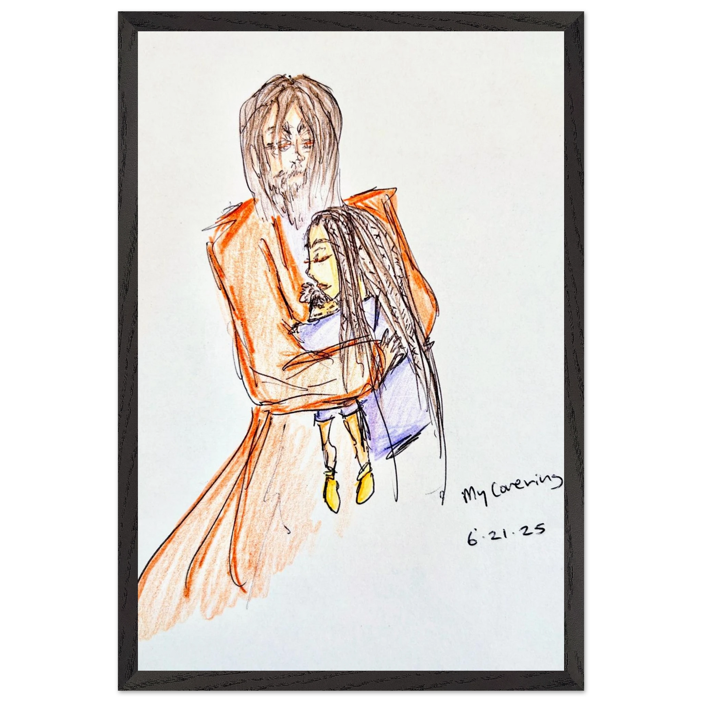 My Covering by Katie Jackson-Jesus Holding Child Drawing-Christian Comfort Art-Fine Art Paper in Wood Frame Print, 12×18" (30×45 cm), Black Frame