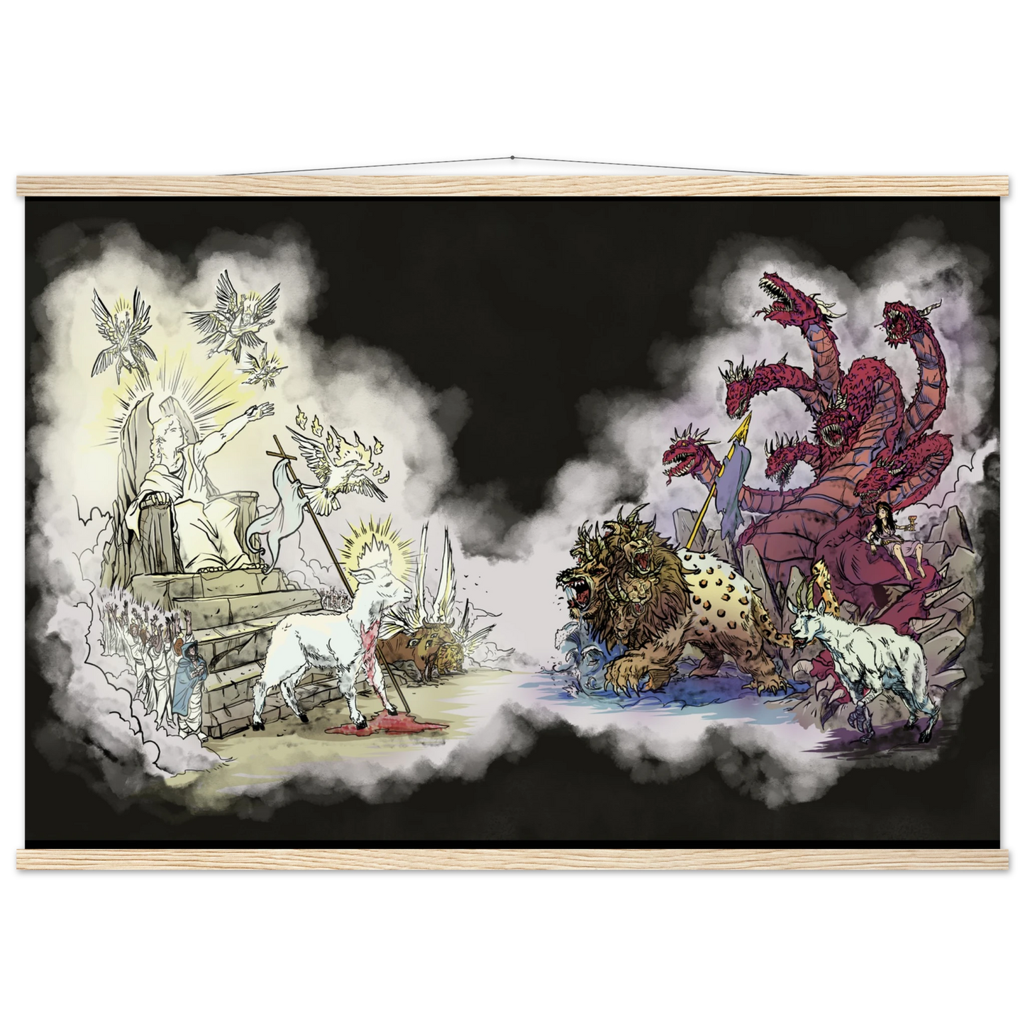 Inspiring modern Christian graphic art Team Lamb versus Team Dragon by Seth Haak, Revelation Series Matte Paper with Wood Hanging Rail Print 28×40" (70×100 cm) White Rail
