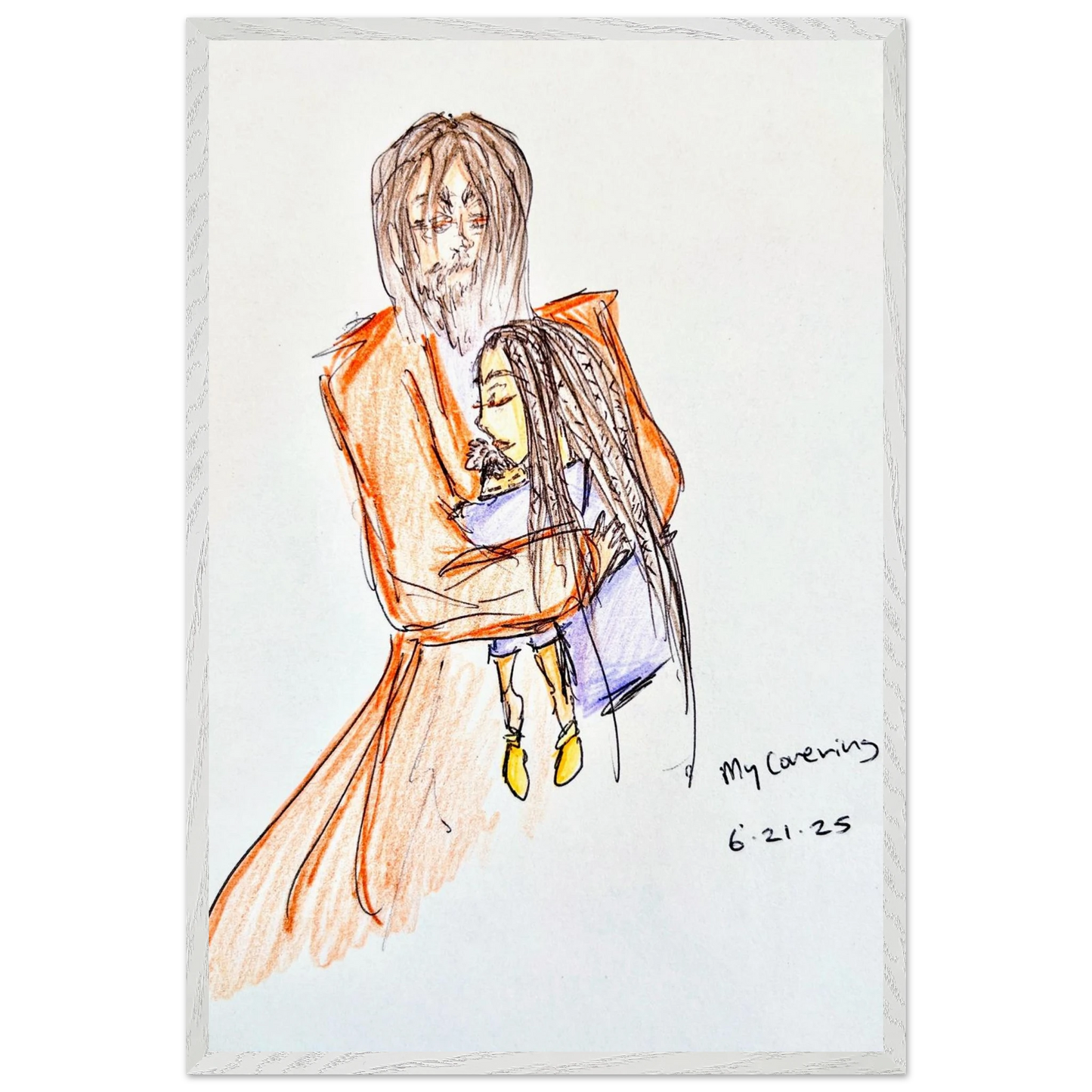 My Covering by Katie Jackson-Jesus Holding Child Drawing-Christian Comfort Art-Semi-Glossy Paper in Wood Frame Print, 24×36" (60×90 cm), White Frame