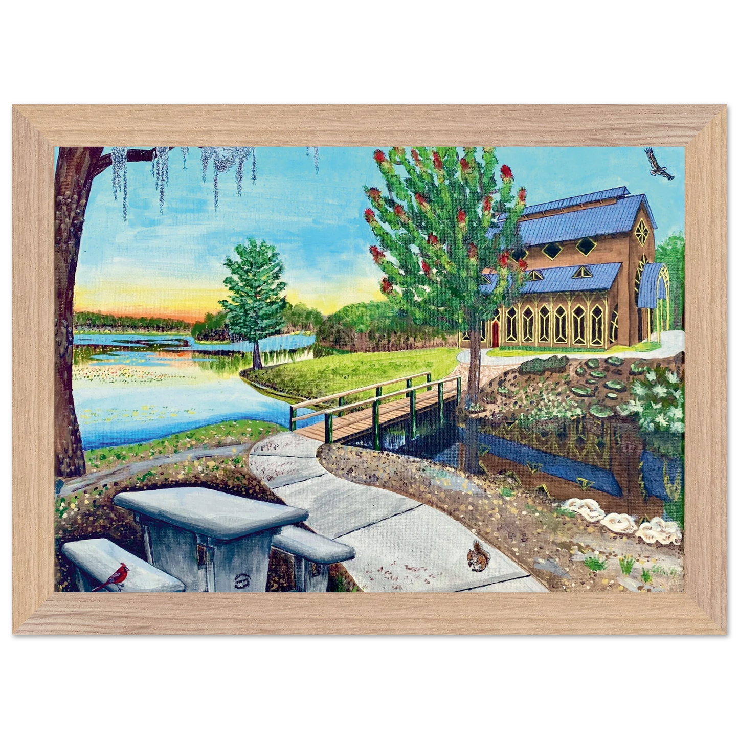 Inspiring Christian art acrylic on canvas painting Sanctuary at Lake Alice by Colette Raine Semi-Glossy Paper in Wood Frame Print 8.3×11.7" (21×29.7 cm A4 size) Natural Wood Frame
