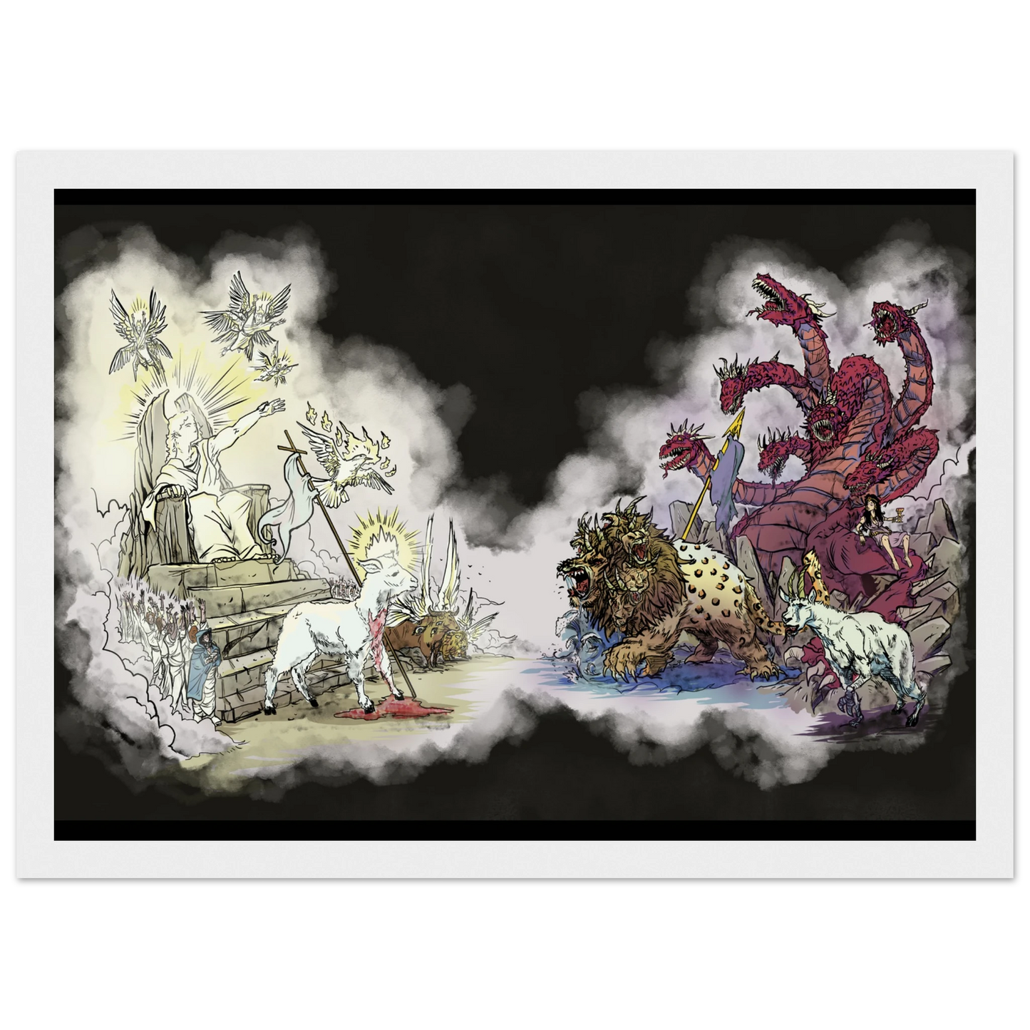 Inspiring modern Christian graphic art Team Lamb versus Team Dragon by Seth Haak, Revelation Series Semi-Glossy Paper in Wood Frame Print 8.3×11.7" (21×29.7 cm A4) White Frame