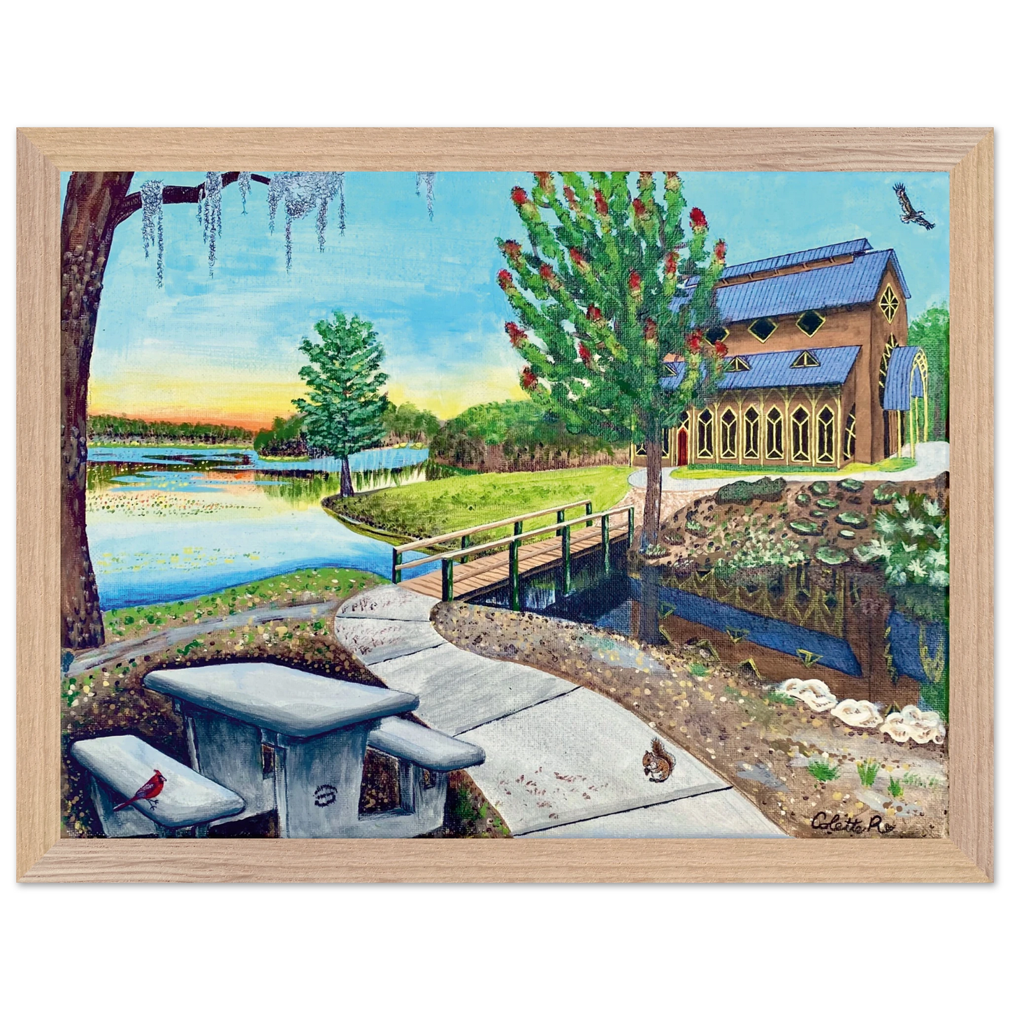 Inspiring Christian art acrylic on canvas painting Sanctuary at Lake Alice by Colette Raine Semi-Glossy Paper in Wood Frame Print 12×16" (30×40 cm) Natural Wood Frame