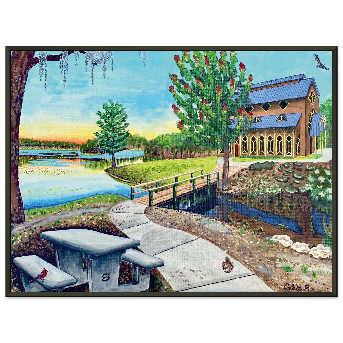 Inspiring Christian art acrylic on canvas painting Sanctuary at Lake Alice by Colette Raine Semi-Glossy Paper in Metal Frame Print 18×24" (45×60 cm) Black Frame