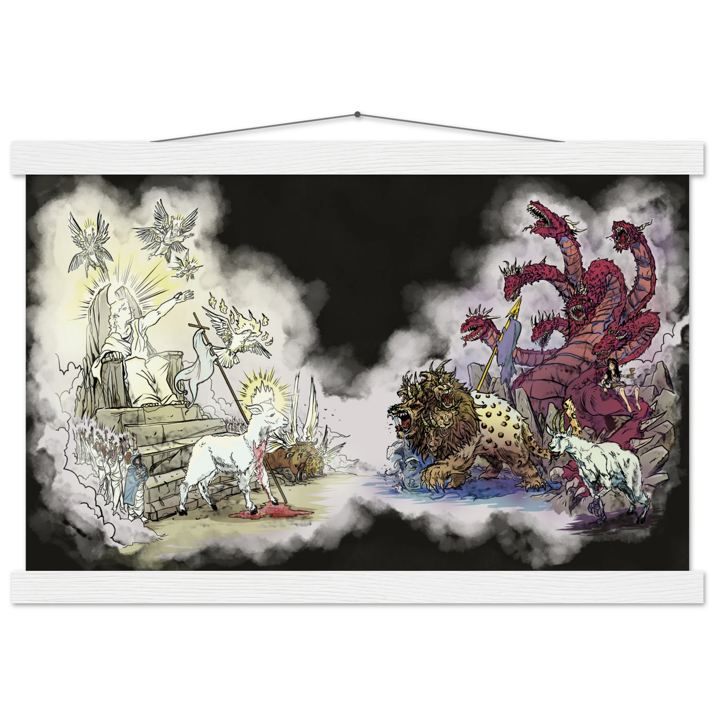 Inspiring modern Christian graphic art Team Lamb versus Team Dragon by Seth Haak, Revelation Series Semi-Glossy Paper with Wood Hanging Rail Print 12×18" (30×45 cm) Natural Wood Rail