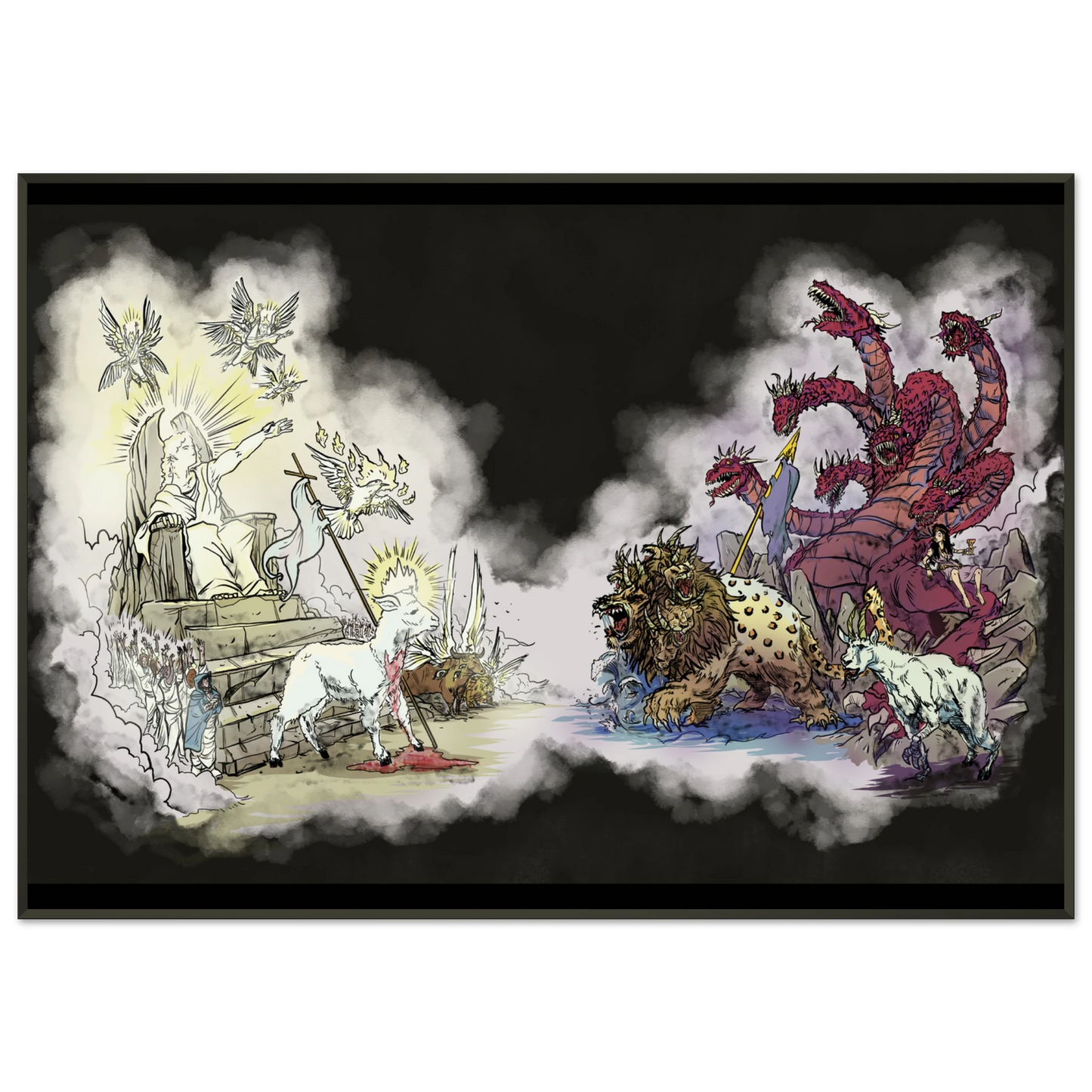 Inspiring modern Christian graphic art Team Lamb versus Team Dragon by Seth Haak, Revelation Series Semi-Glossy Paper in Metal Frame Print 28×40" (70×100 cm) Black Frame