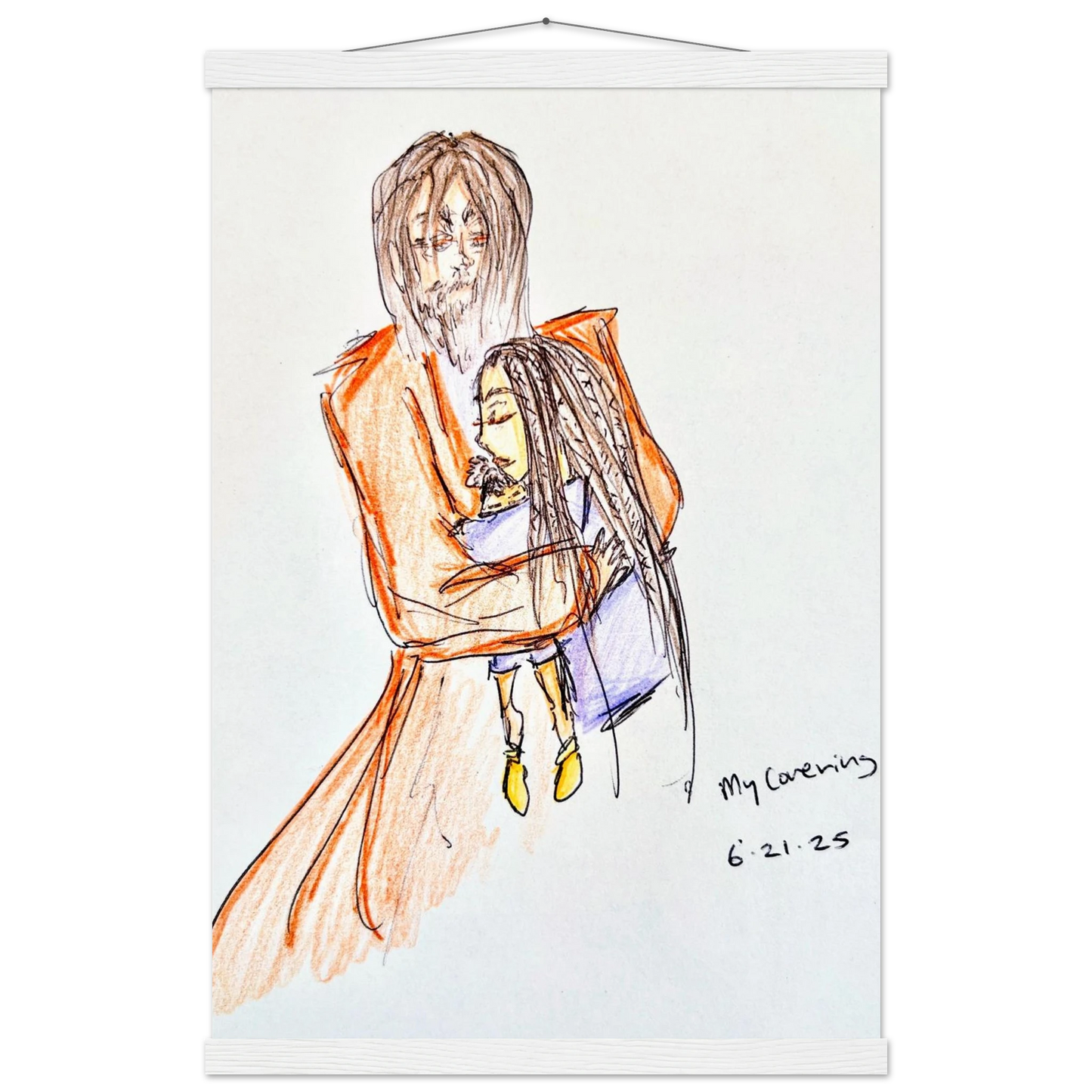 My Covering by Katie Jackson-Jesus Holding Child Drawing-Christian Comfort Art-Matte Paper with Wood Hanging Rail Print, 16×24" (40×60 cm), White Rail