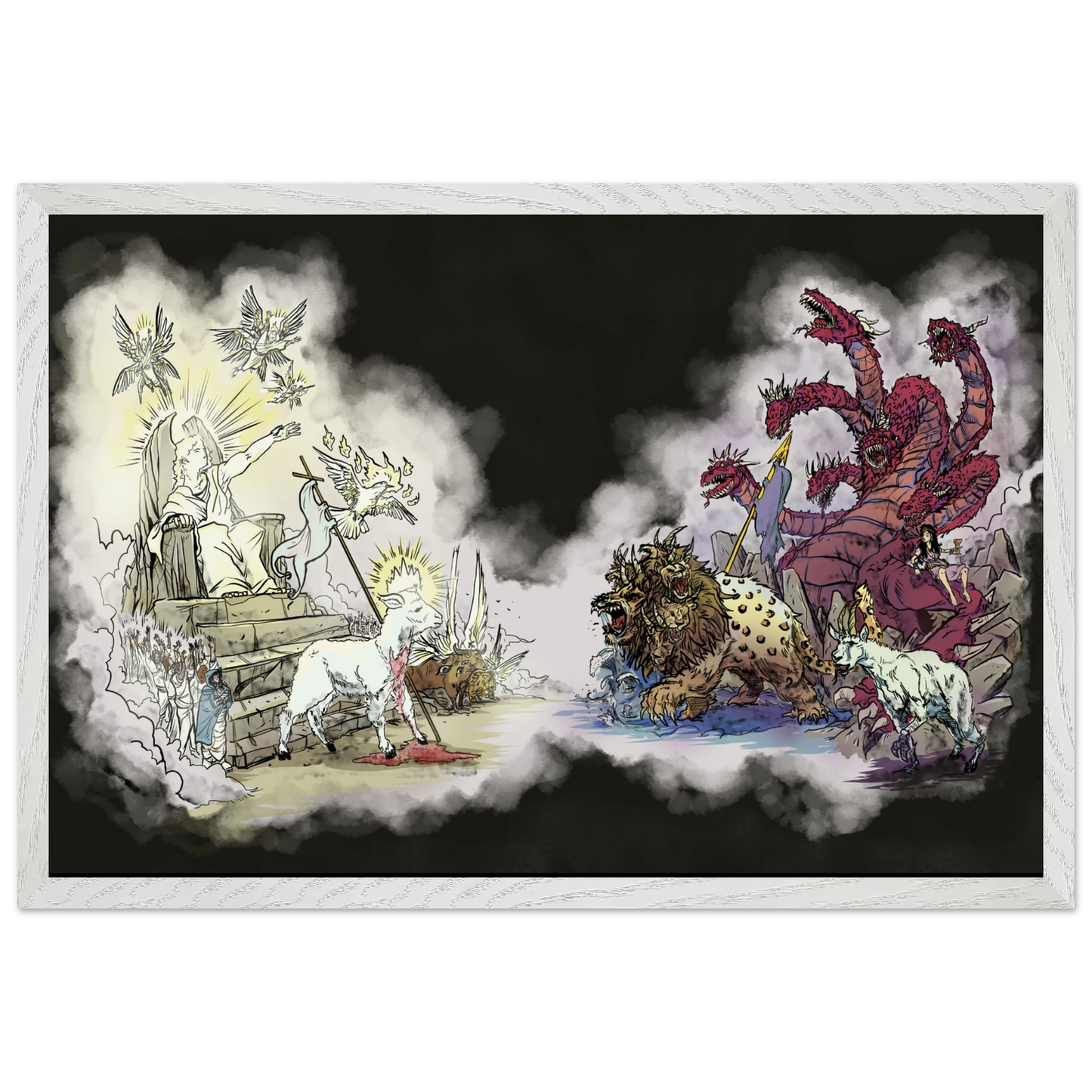 Inspiring modern Christian graphic art Team Lamb versus Team Dragon by Seth Haak, Revelation Series Fine Art Paper in Wood Frame Print 12×18" (30×45 cm) White Frame