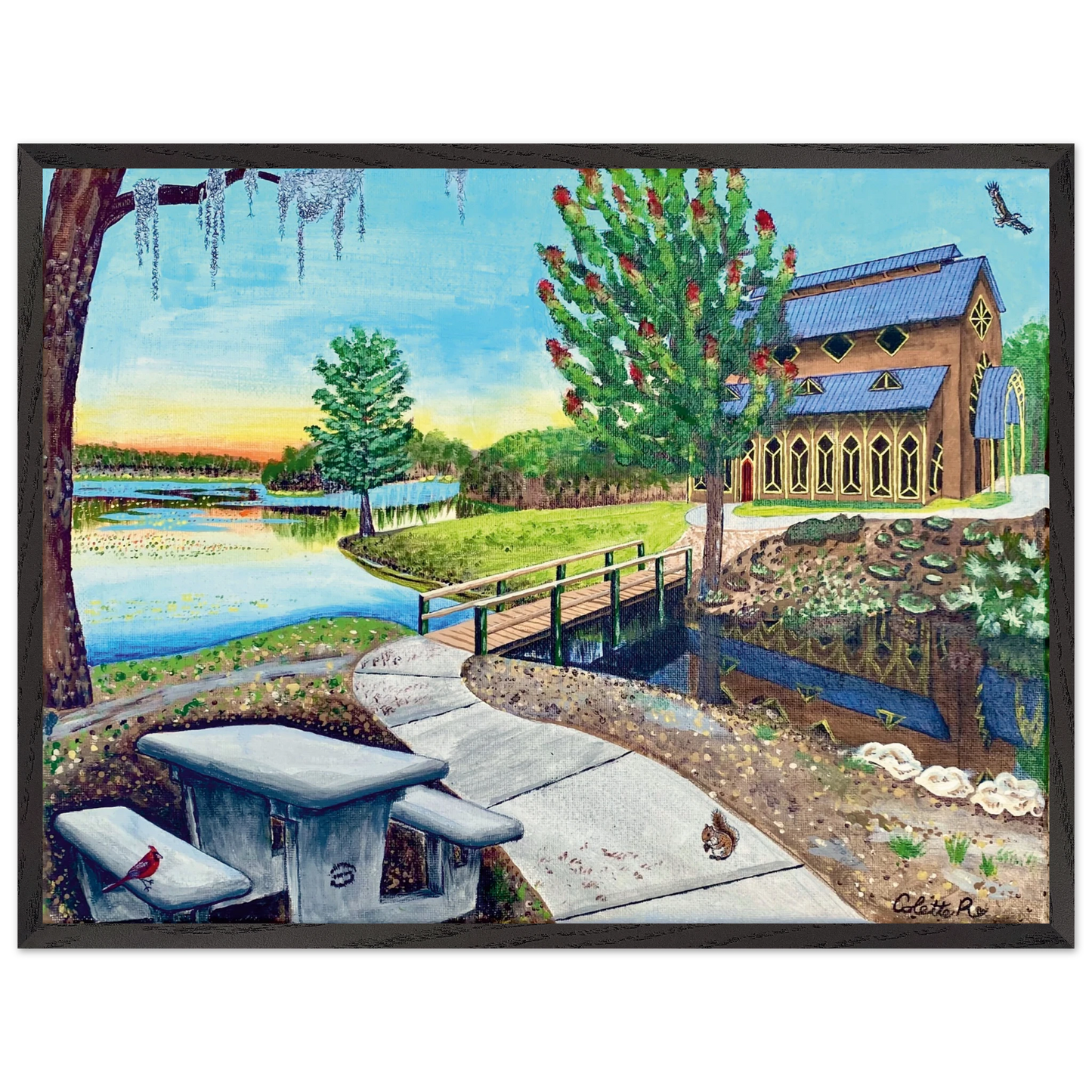 Inspiring Christian art acrylic on canvas painting Sanctuary at Lake Alice by Colette Raine Semi-Glossy Paper in Wood Frame Print 24×32" (60×80 cm) Black Frame