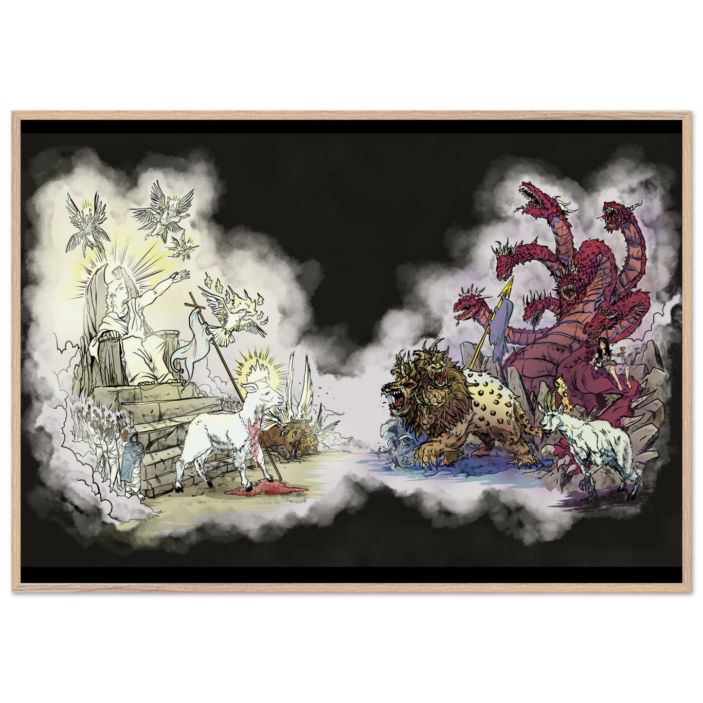 Inspiring modern Christian graphic art Team Lamb versus Team Dragon by Seth Haak, Revelation Series Fine Art Paper in Wood Frame Print 28×40" (70×100 cm) Natural Wood Frame