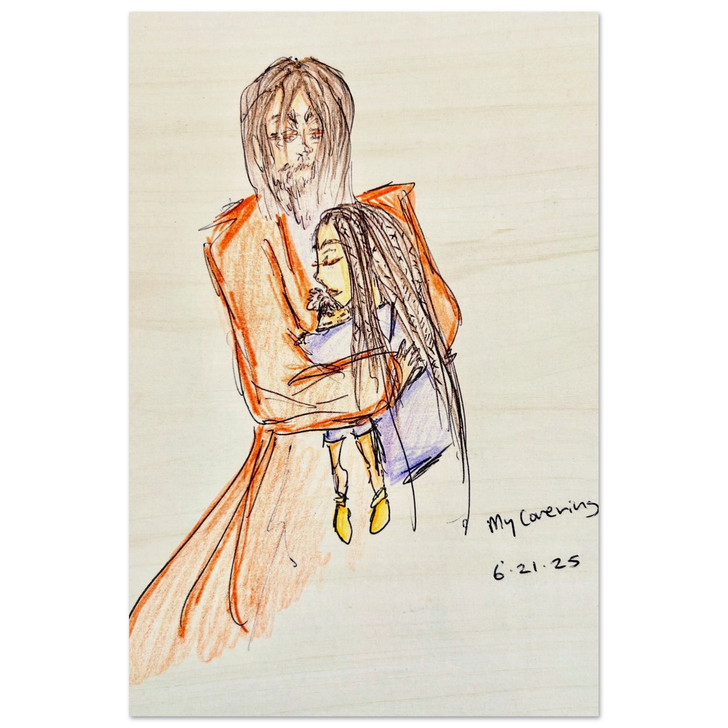 My Covering by Katie Jackson-Jesus Holding Child Drawing-Christian Comfort Art-Wood Panel Print, 8×12" (20×30 cm), (no frame or style)