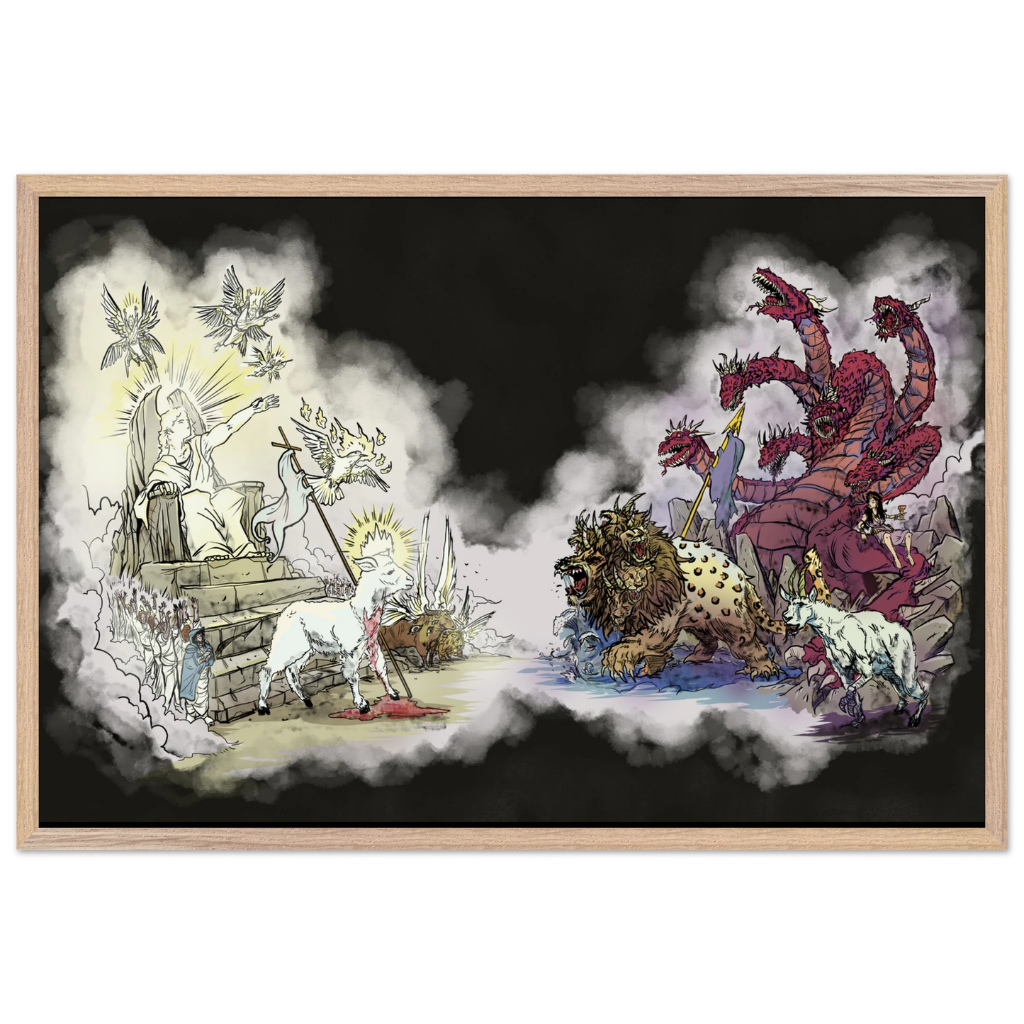 Inspiring modern Christian graphic art Team Lamb versus Team Dragon by Seth Haak, Revelation Series Fine Art Paper in Wood Frame Print 16×24" (40×60 cm) Natural Wood Frame
