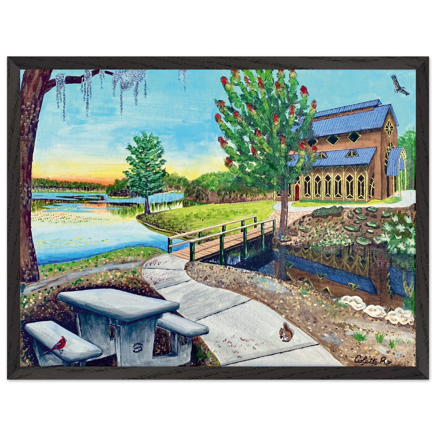 Inspiring Christian art acrylic on canvas painting Sanctuary at Lake Alice by Colette Raine Semi-Glossy Paper in Wood Frame Print 18×24" (45×60 cm) Black Frame