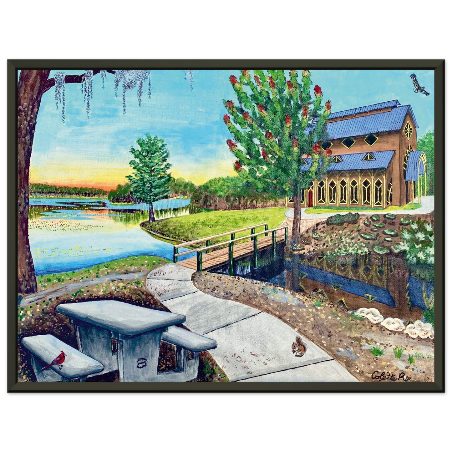 Inspiring Christian art acrylic on canvas painting Sanctuary at Lake Alice by Colette Raine Semi-Glossy Paper in Metal Frame Print 12×16" (30×40 cm) Black Frame