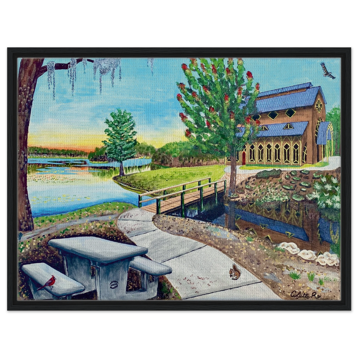 Inspiring Christian art acrylic on canvas painting Sanctuary at Lake Alice by Colette Raine Canvas in Wood Frame Print 24×32" (60×80 cm) Black Frame