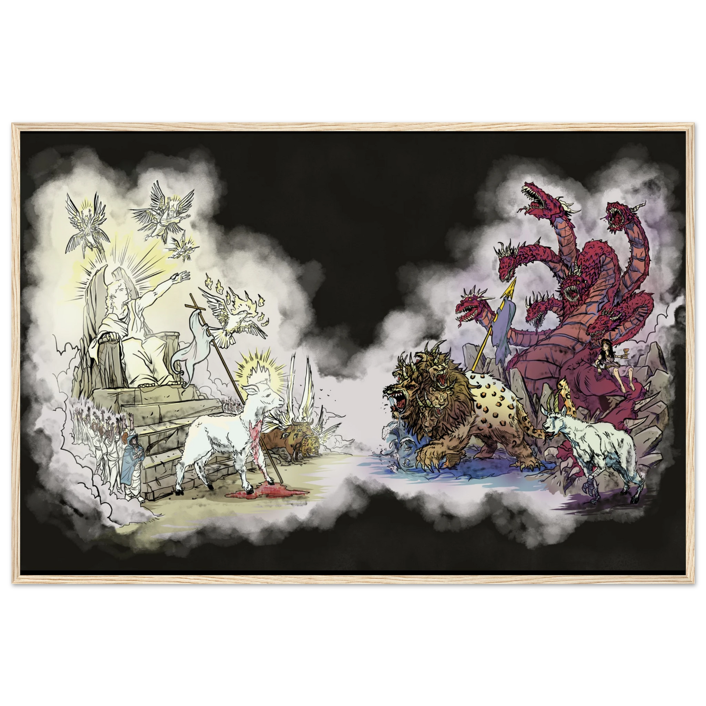 Inspiring modern Christian graphic art Team Lamb versus Team Dragon by Seth Haak, Revelation Series Semi-Glossy Paper in Wood Frame Print 24×36" (60×90 cm) Natural Wood Frame