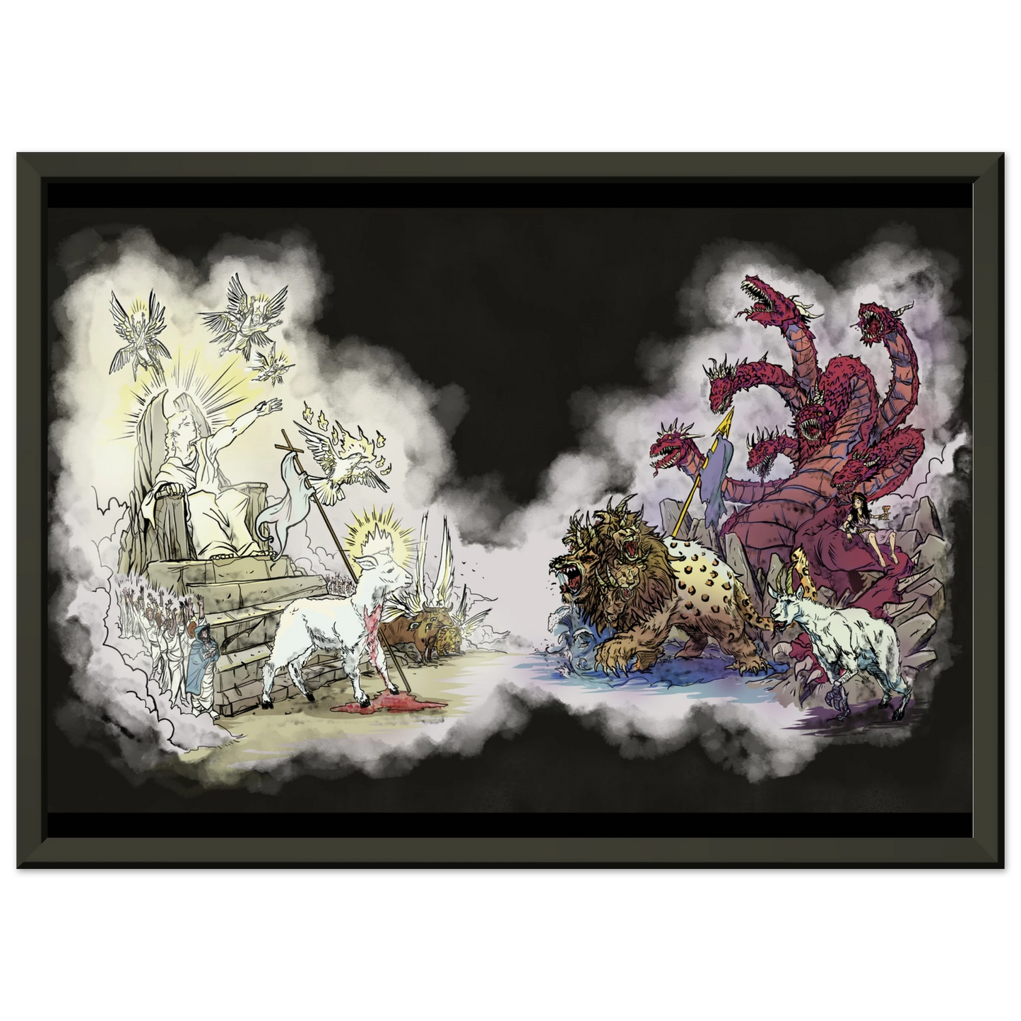 Inspiring modern Christian graphic art Team Lamb versus Team Dragon by Seth Haak, Revelation Series Semi-Glossy Paper in Metal Frame Print 8.3×11.7" (21×29.7 cm A4) Black Frame