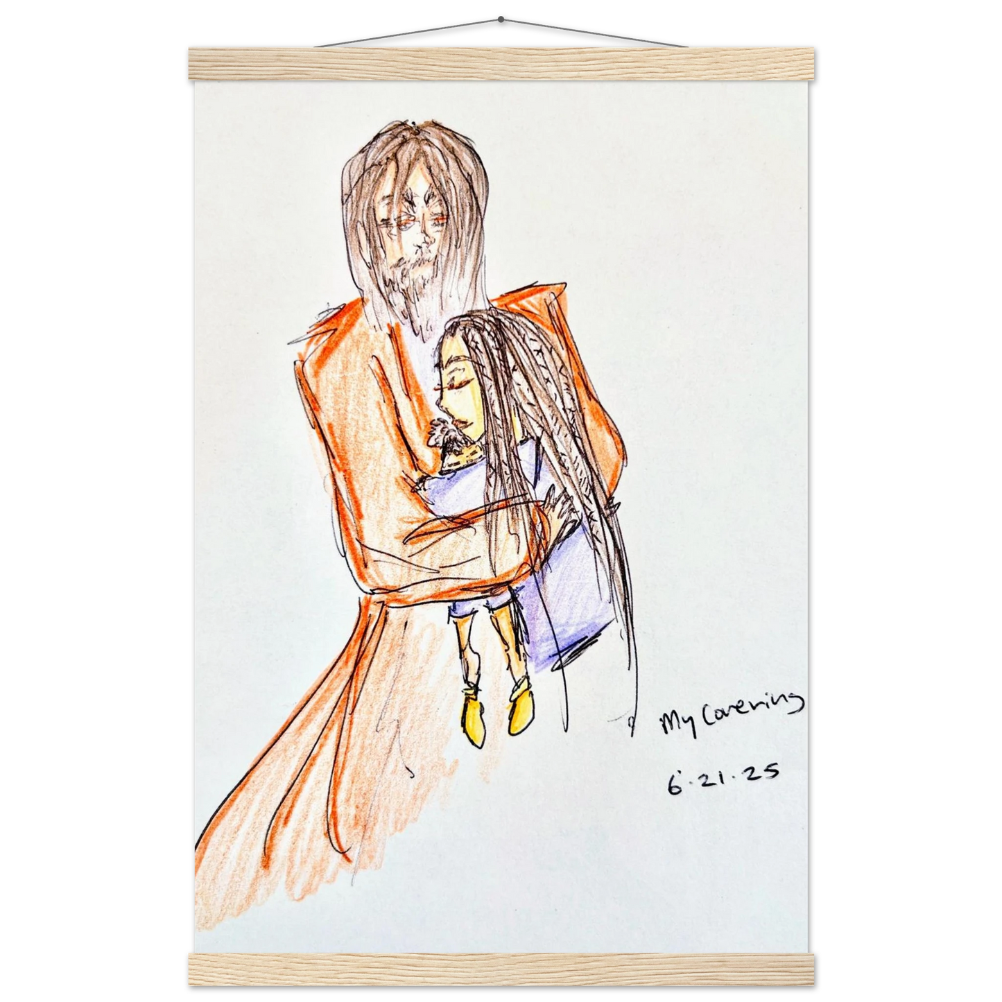 My Covering by Katie Jackson-Jesus Holding Child Drawing-Christian Comfort Art-Matte Paper with Wood Hanging Rail Print, 16×24" (40×60 cm), Natural Wood Rail