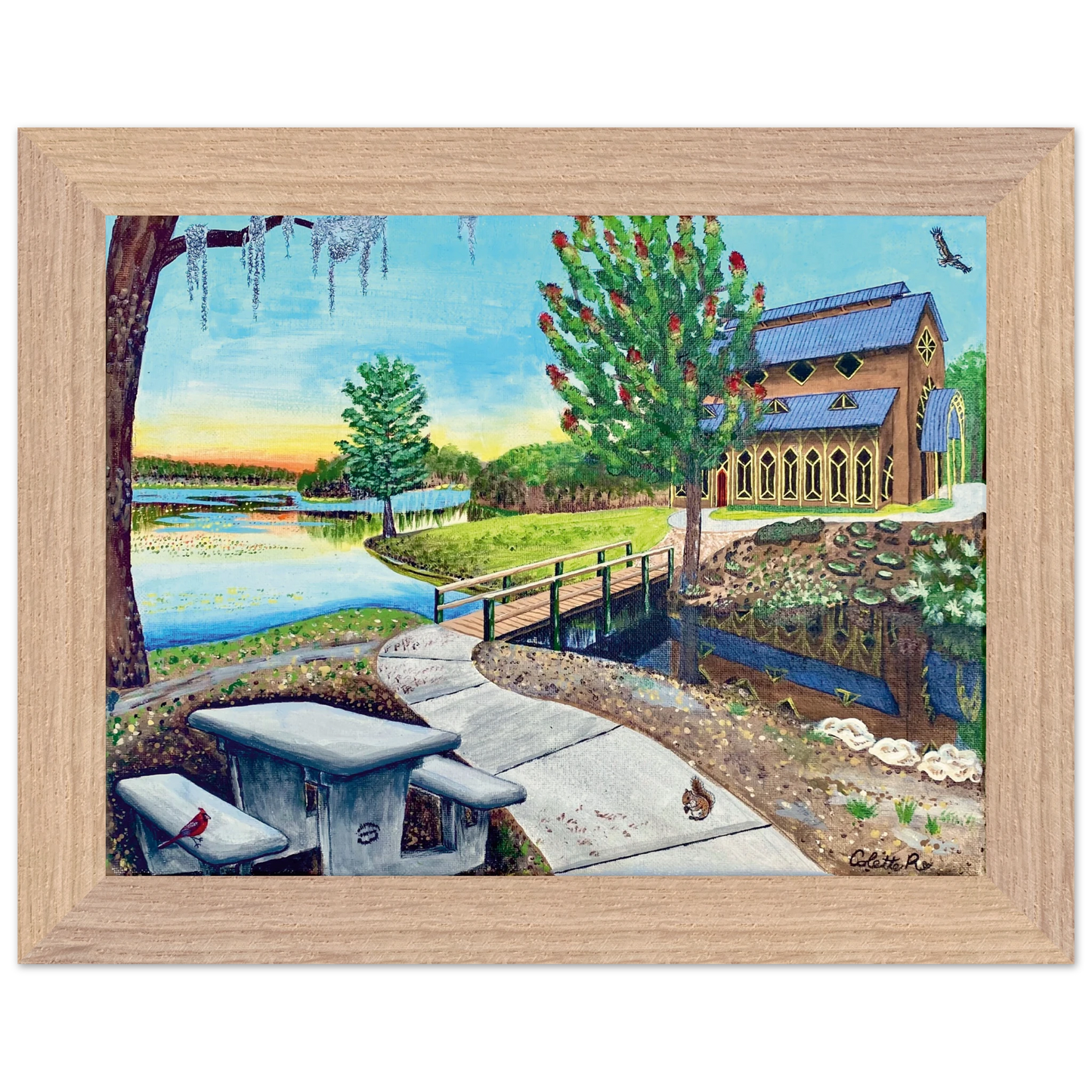 Inspiring Christian art acrylic on canvas painting Sanctuary at Lake Alice by Colette Raine Semi-Glossy Paper in Wood Frame Print 6×8" (15×20 cm) Natural Wood Frame