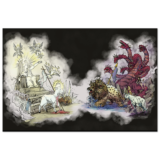 Inspiring modern Christian graphic art Team Lamb versus Team Dragon by Seth Haak, Revelation Series Semi-Glossy Paper Poster Print 24×36" (60×90 cm) -(no frame or style)