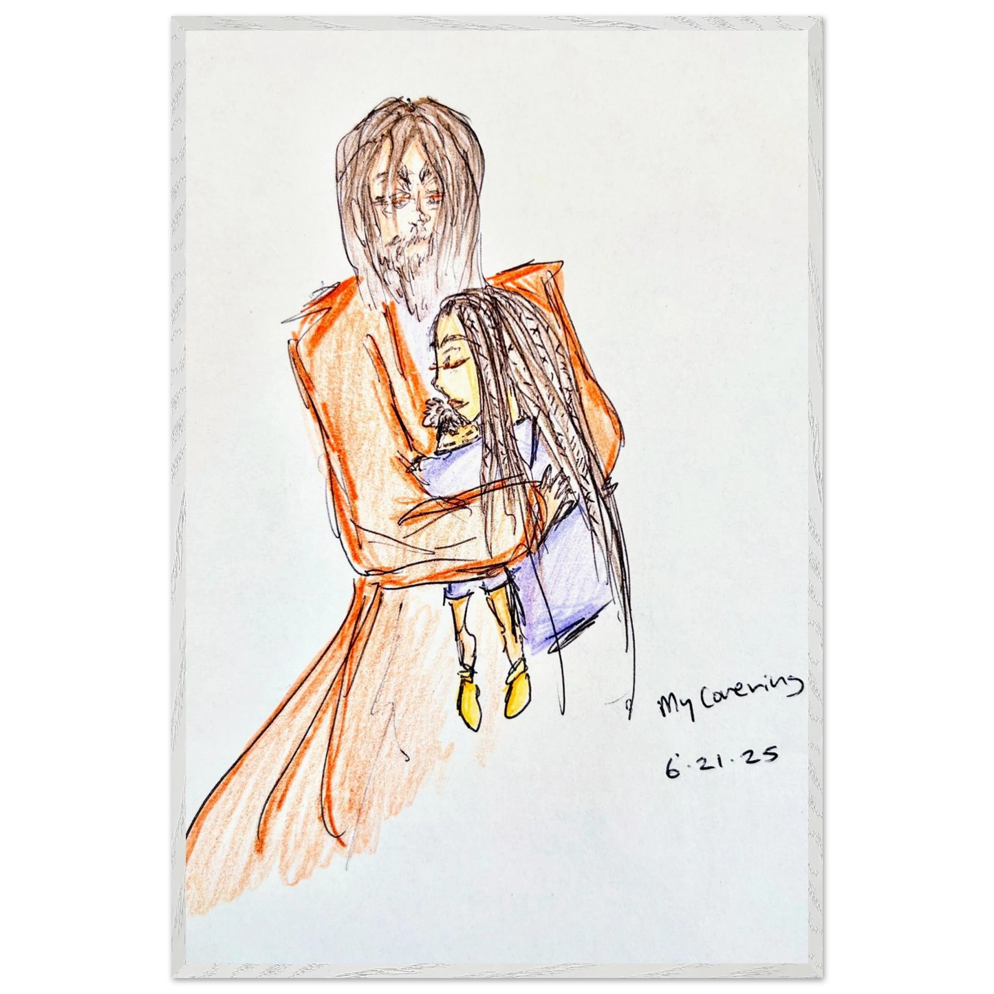 My Covering by Katie Jackson-Jesus Holding Child Drawing-Christian Comfort Art-Fine Art Paper in Wood Frame Print, 24×36" (60×90 cm), White Frame