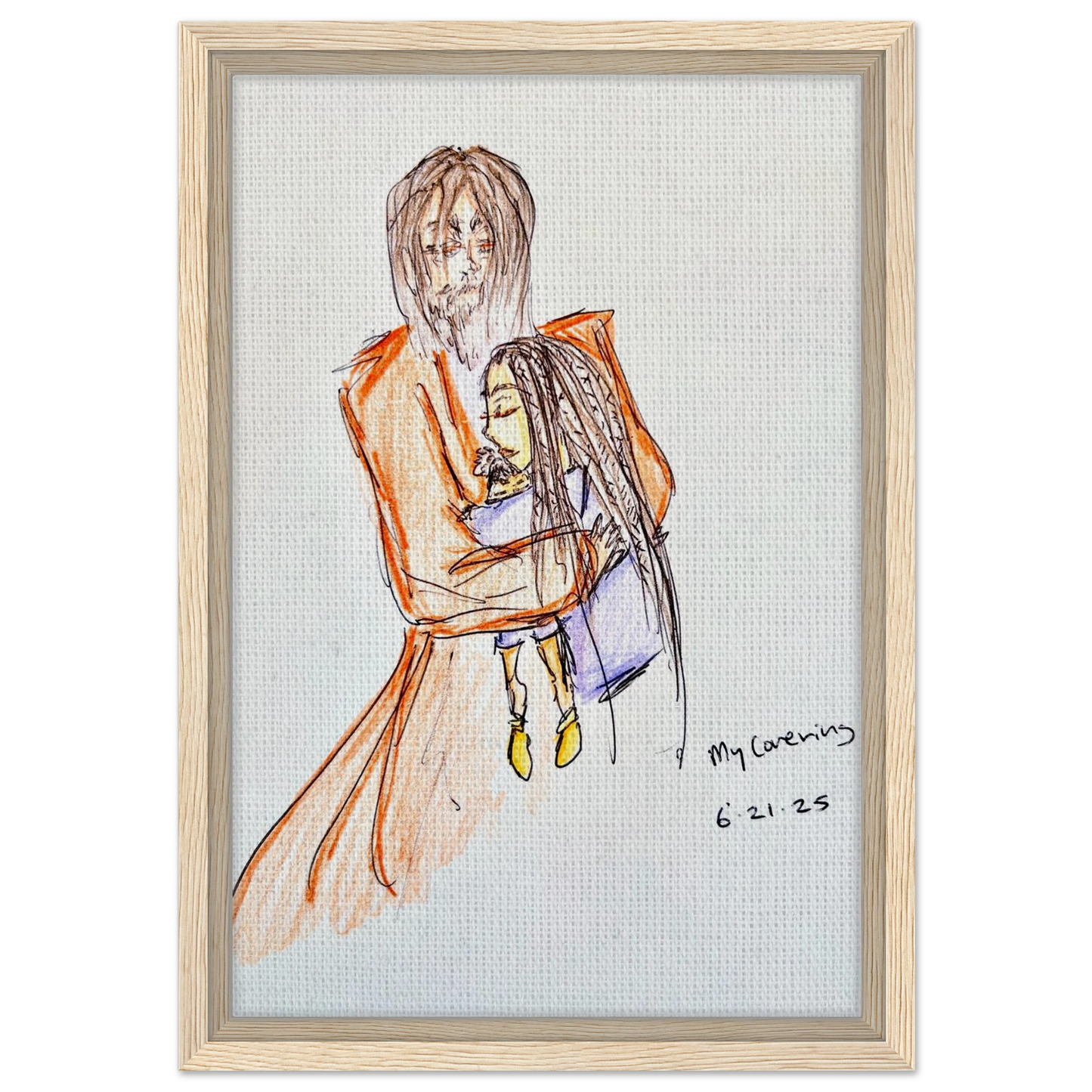 My Covering by Katie Jackson-Jesus Holding Child Drawing-Christian Comfort Art-Canvas in Wood Frame Print, 12×18" (30×45 cm), Natural Wood Frame