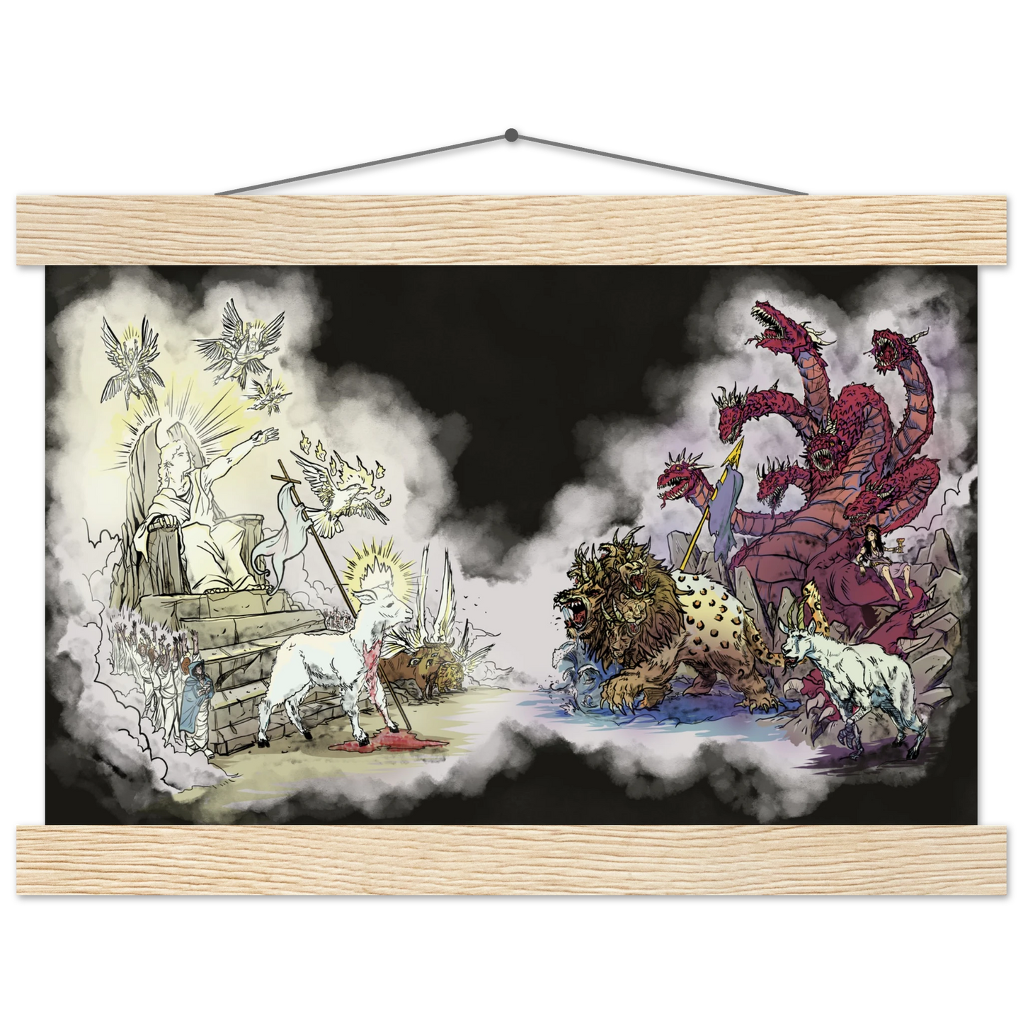 Inspiring modern Christian graphic art Team Lamb versus Team Dragon by Seth Haak, Revelation Series Semi-Glossy Paper with Wood Hanging Rail Print 8.3×11.7" (21×29.7 cm A4) White Rail