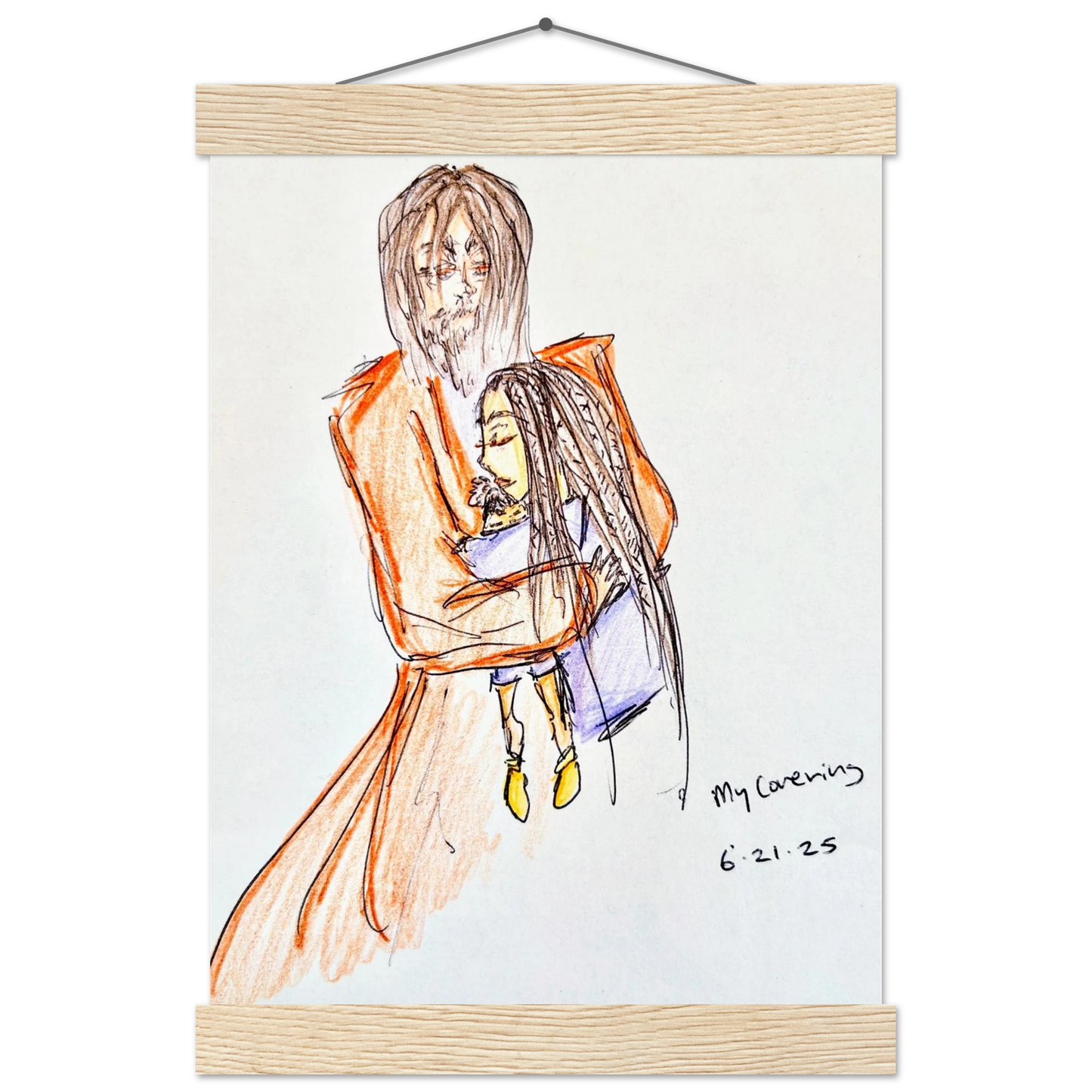 My Covering by Katie Jackson-Jesus Holding Child Drawing-Christian Comfort Art-Matte Paper with Wood Hanging Rail Print, 8×12" (21×30 cm), Natural Wood Rail