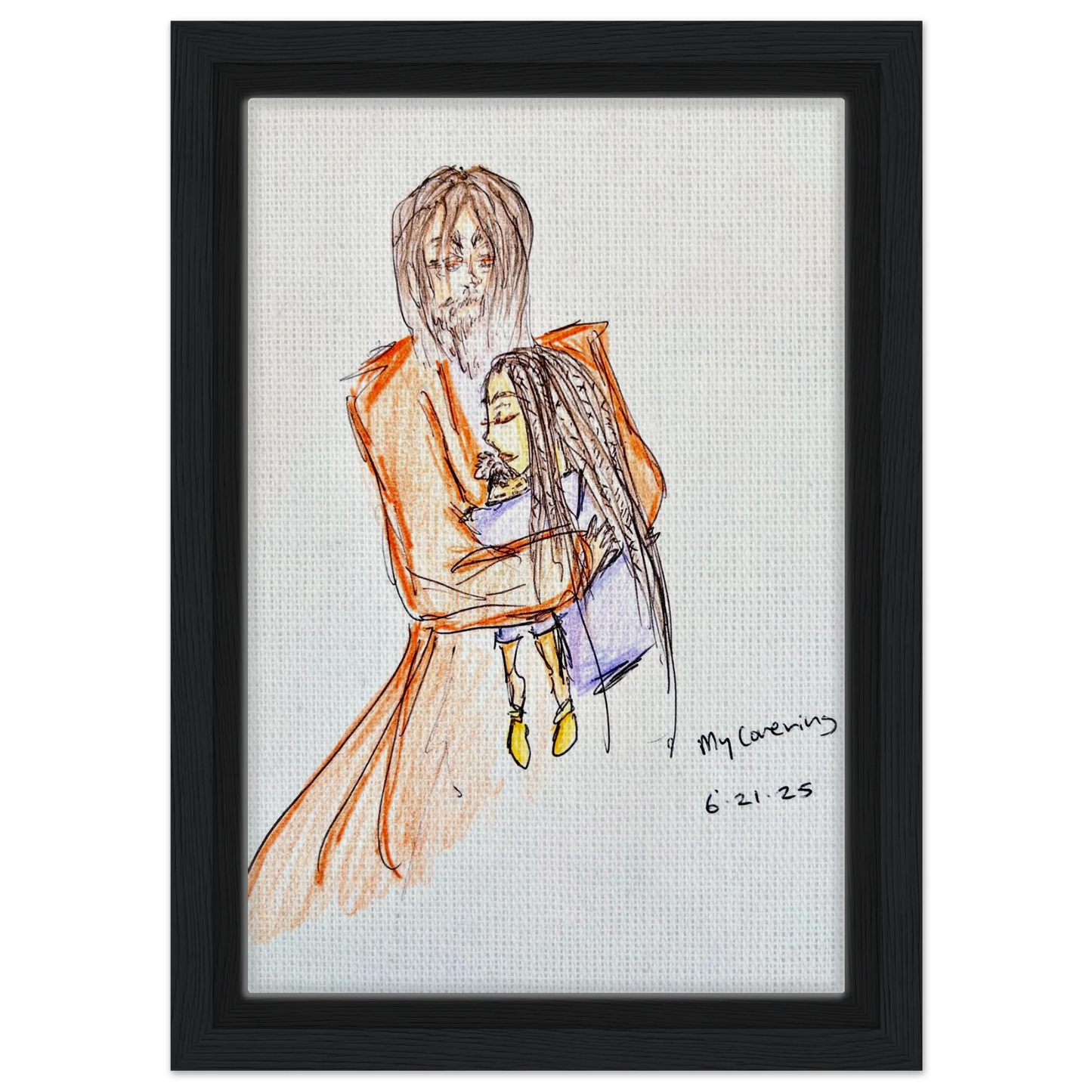 My Covering by Katie Jackson-Jesus Holding Child Drawing-Christian Comfort Art-Canvas in Wood Frame Print, 8×12" (20×30 cm), Black Frame