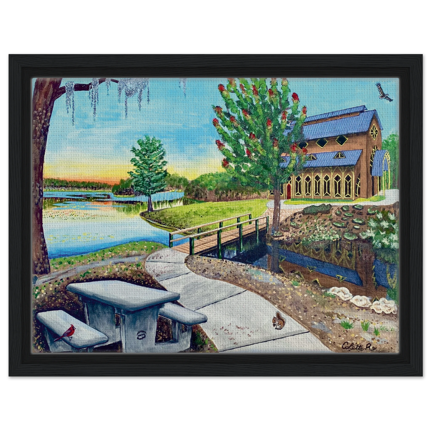 Inspiring Christian art acrylic on canvas painting Sanctuary at Lake Alice by Colette Raine Canvas in Wood Frame Print 12×16" (30×40 cm) Black Frame