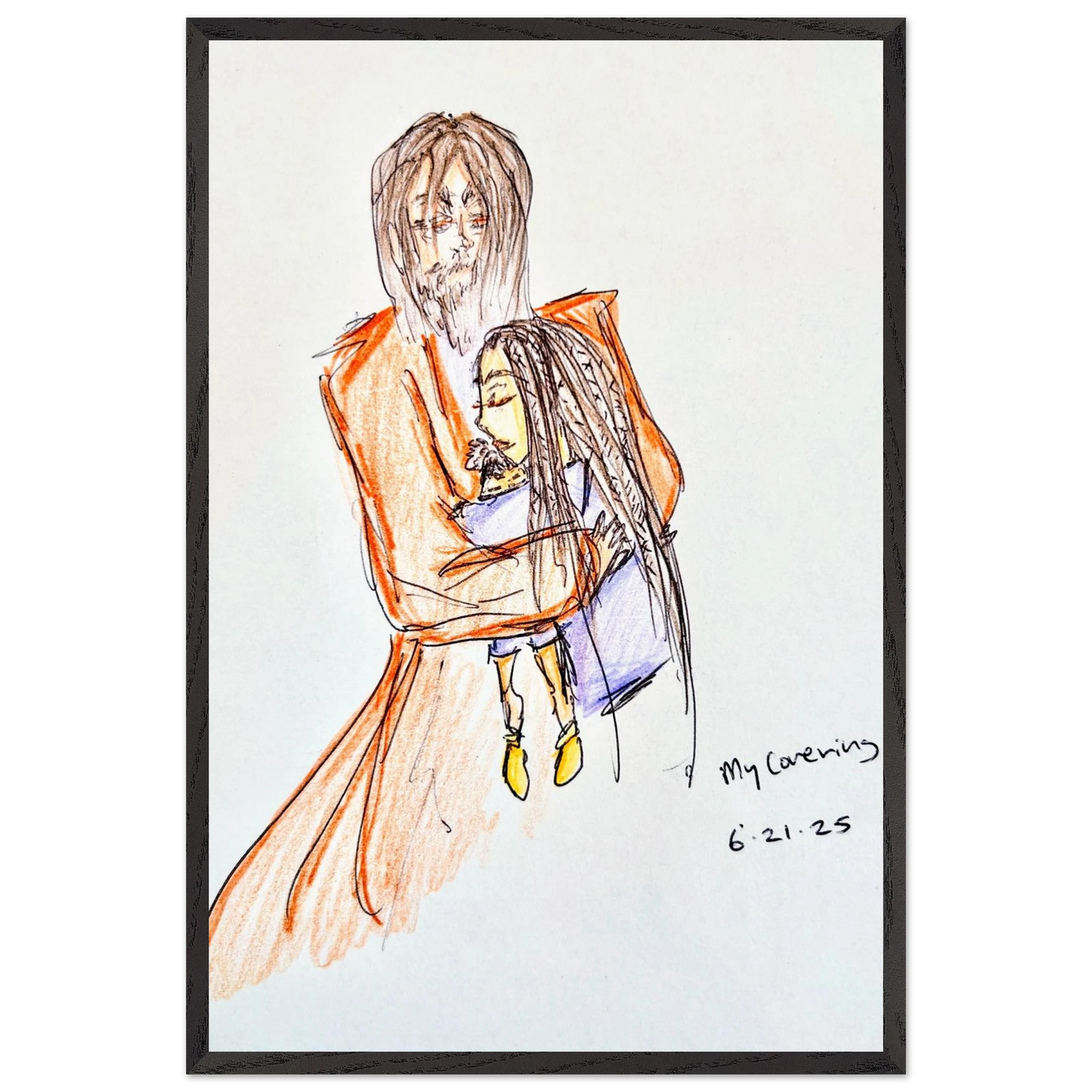 My Covering by Katie Jackson-Jesus Holding Child Drawing-Christian Comfort Art-Semi-Glossy Paper in Wood Frame Print, 24×36" (60×90 cm), Black Frame