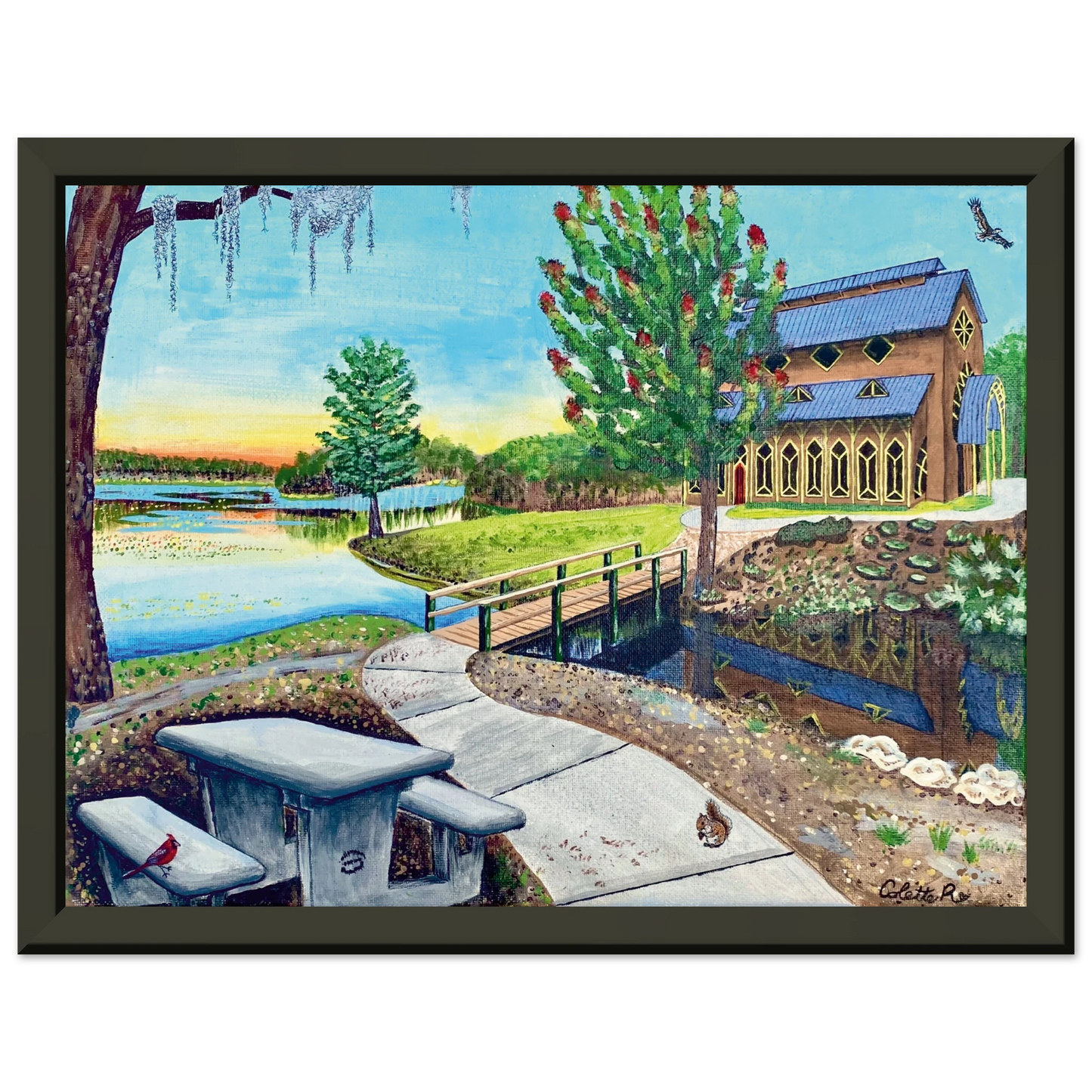 Inspiring Christian art acrylic on canvas painting Sanctuary at Lake Alice by Colette Raine Matte Paper in Metal Frame Print 6×8" (15×20 cm) Black Frame