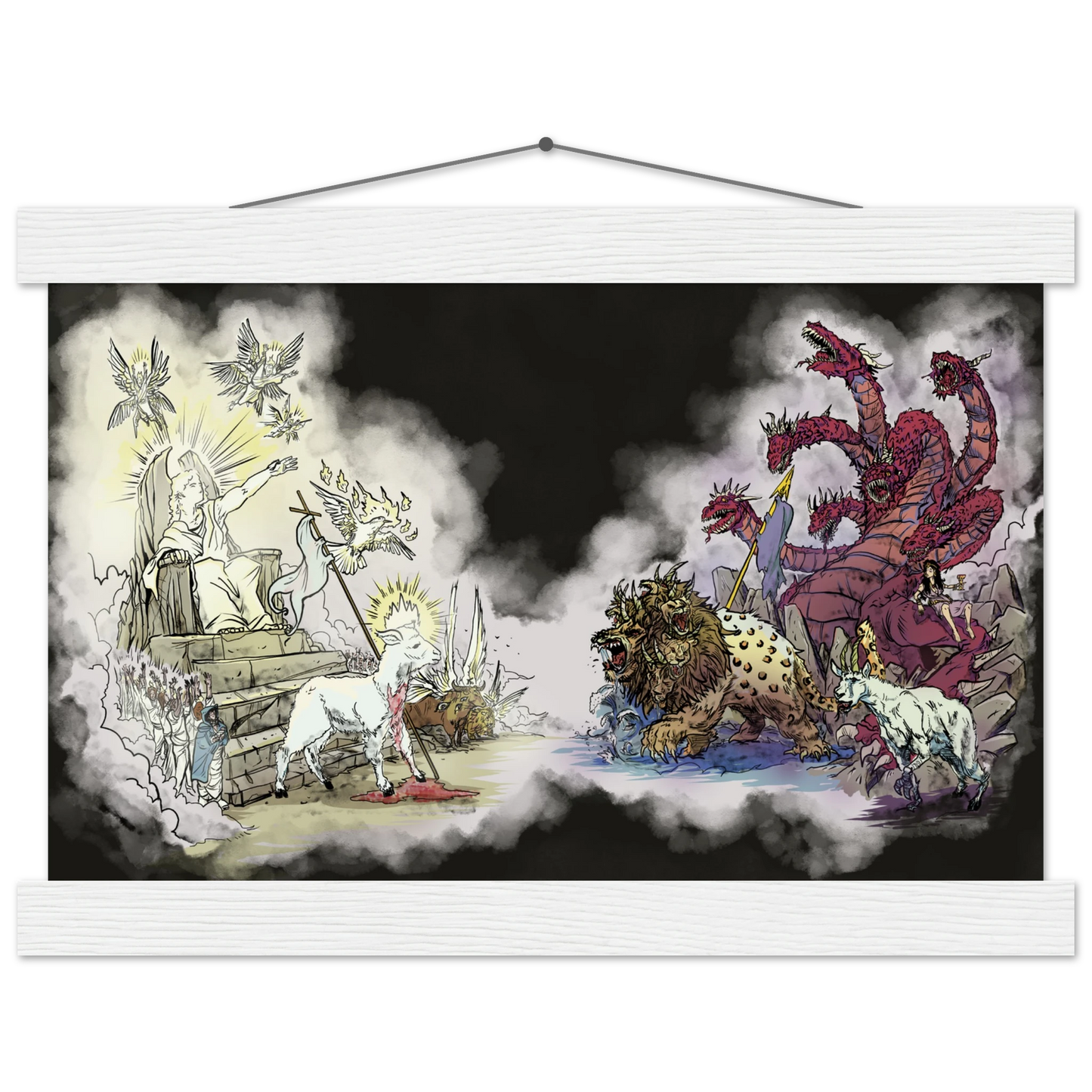 Inspiring modern Christian graphic art Team Lamb versus Team Dragon by Seth Haak, Revelation Series Matte Paper with Wood Hanging Rail Print 8.3×11.7" (21×29.7 cm A4) Natural Wood Rail