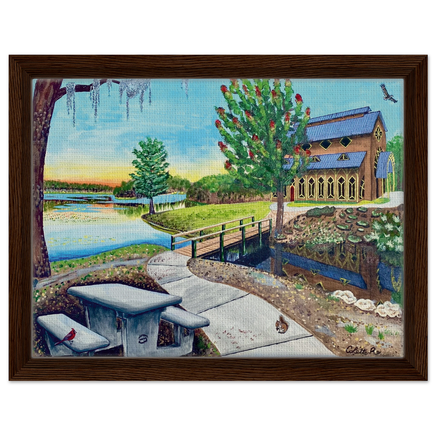 Inspiring Christian art acrylic on canvas painting Sanctuary at Lake Alice by Colette Raine Canvas in Wood Frame Print 12×16" (30×40 cm) Dark Wood Frame