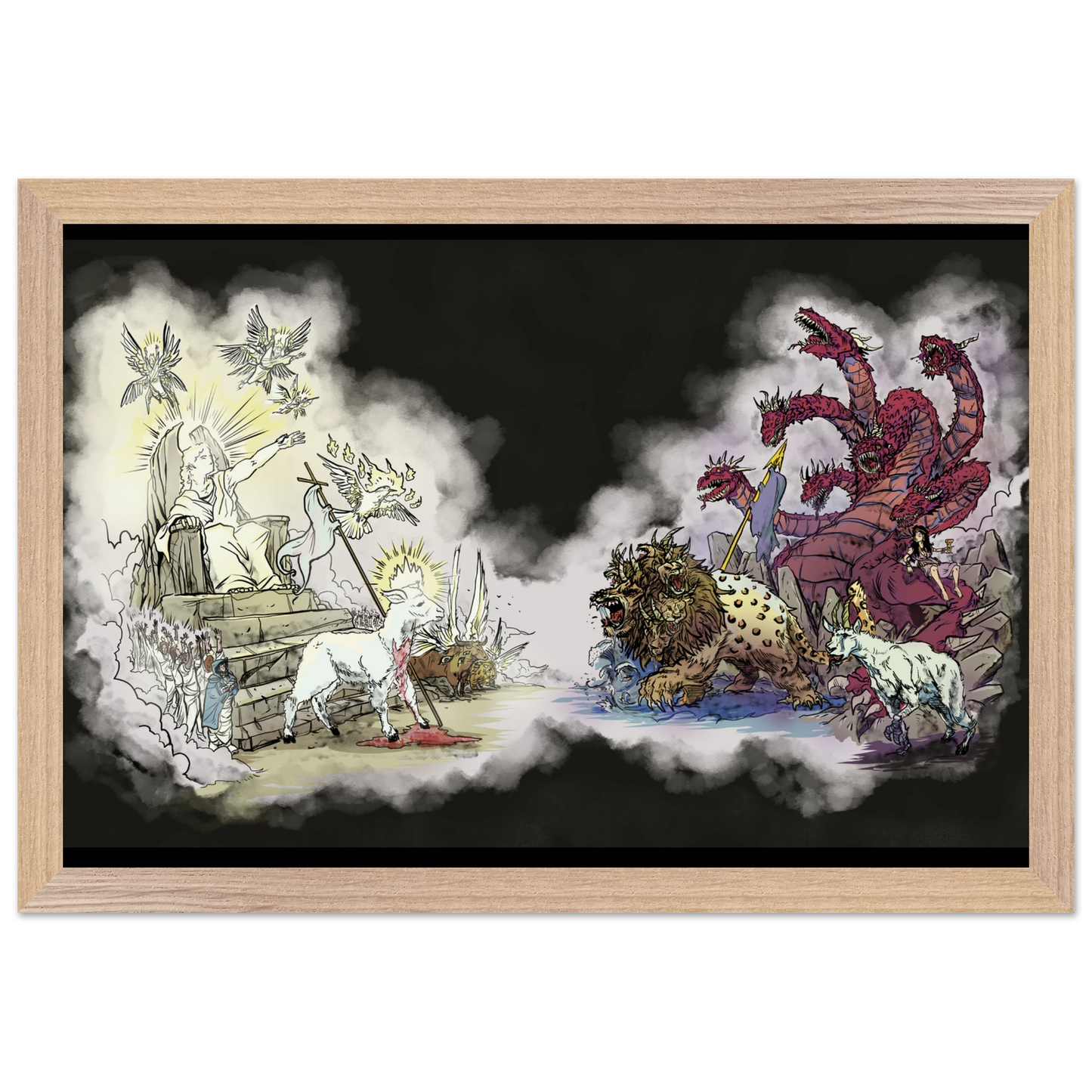 Inspiring modern Christian graphic art Team Lamb versus Team Dragon by Seth Haak, Revelation Series Fine Art Paper in Wood Frame Print 8.3×11.7" (21×29.7 cm A4) Natural Wood Frame