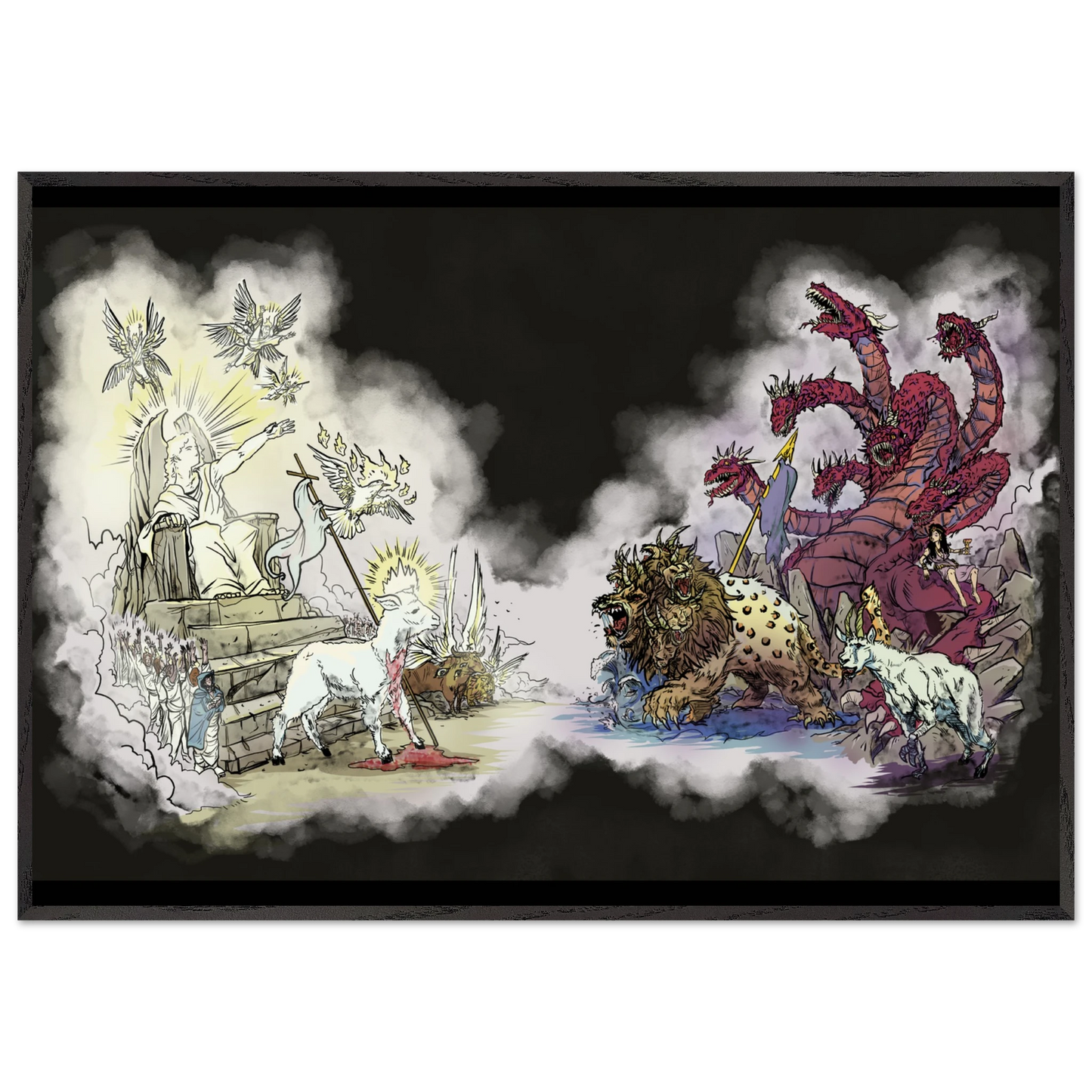 Inspiring modern Christian graphic art Team Lamb versus Team Dragon by Seth Haak, Revelation Series Fine Art Paper in Wood Frame Print 28×40" (70×100 cm) Black Frame