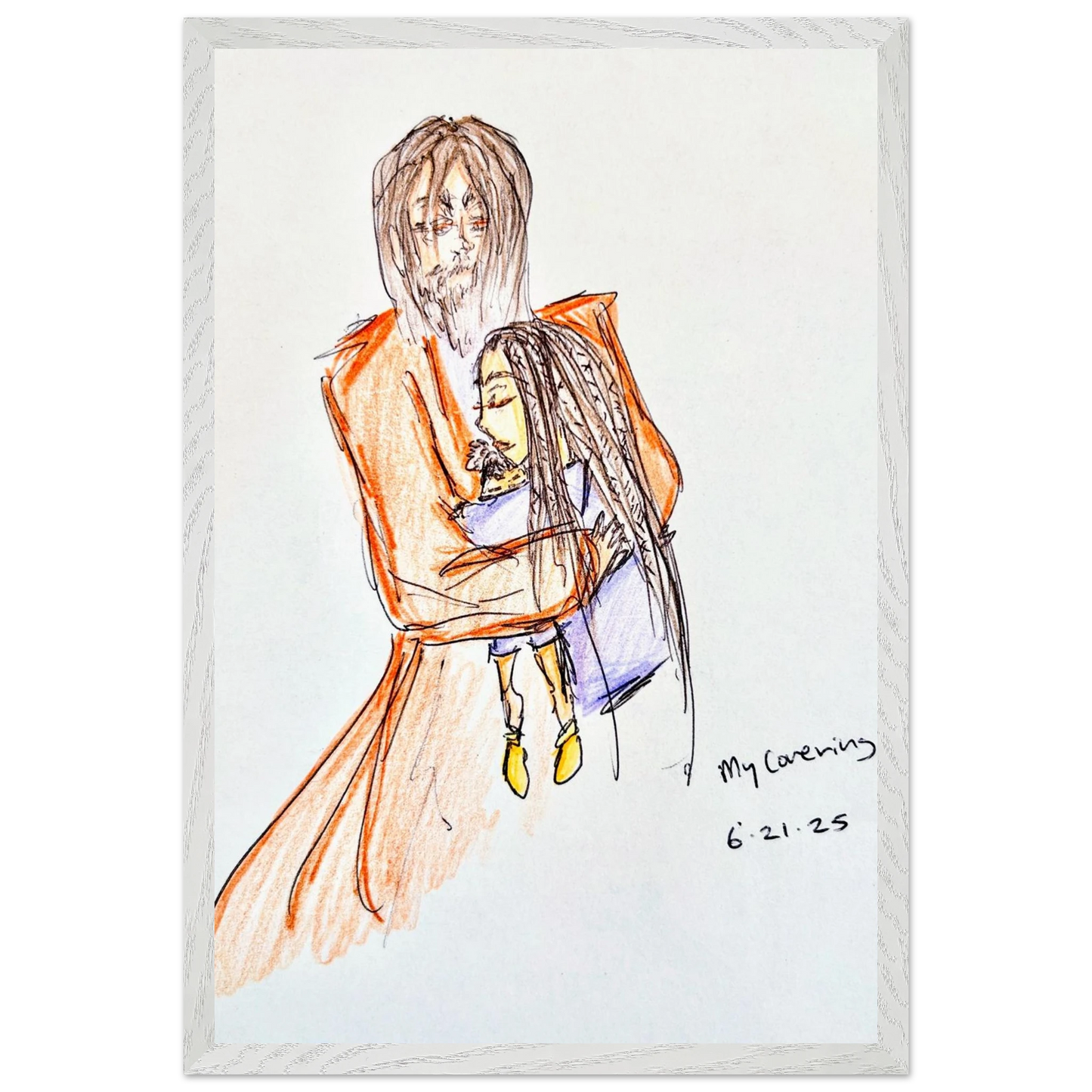 My Covering by Katie Jackson-Jesus Holding Child Drawing-Christian Comfort Art-Fine Art Paper in Wood Frame Print, 12×18" (30×45 cm), White Frame