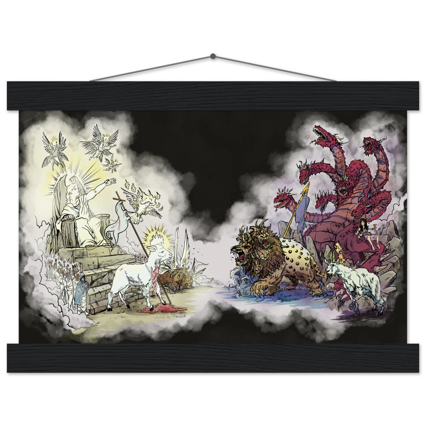 Inspiring modern Christian graphic art Team Lamb versus Team Dragon by Seth Haak, Revelation Series Semi-Glossy Paper with Wood Hanging Rail Print 8.3×11.7" (21×29.7 cm A4) Black Rail
